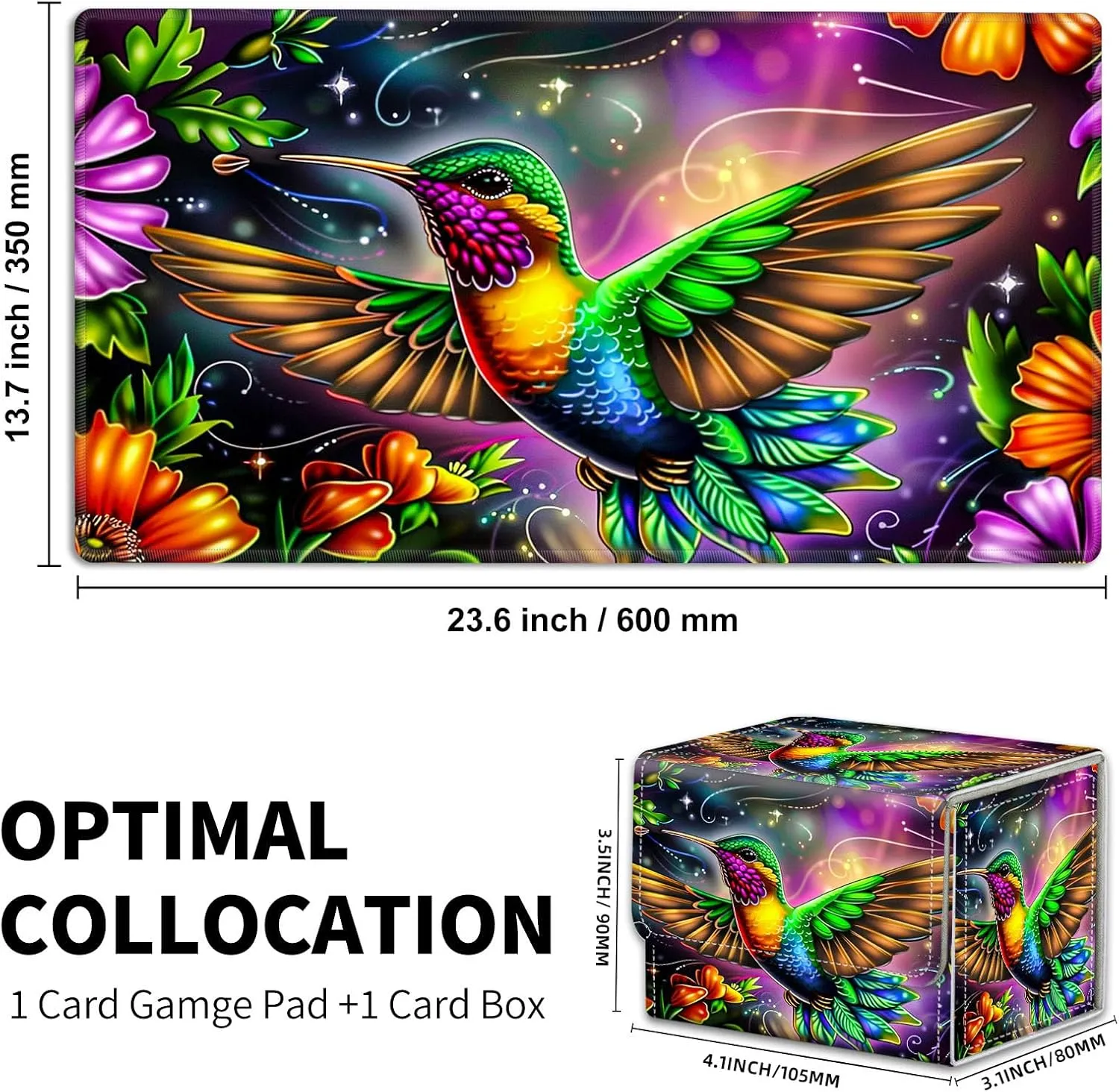for Mtg Deck Box & Mtg Playmat, Colorful Hummingbird Flower Versatile Trading Card Storage Box Solution and Mtg Deck Box Commander, Keep Your Cards Organized and Protected