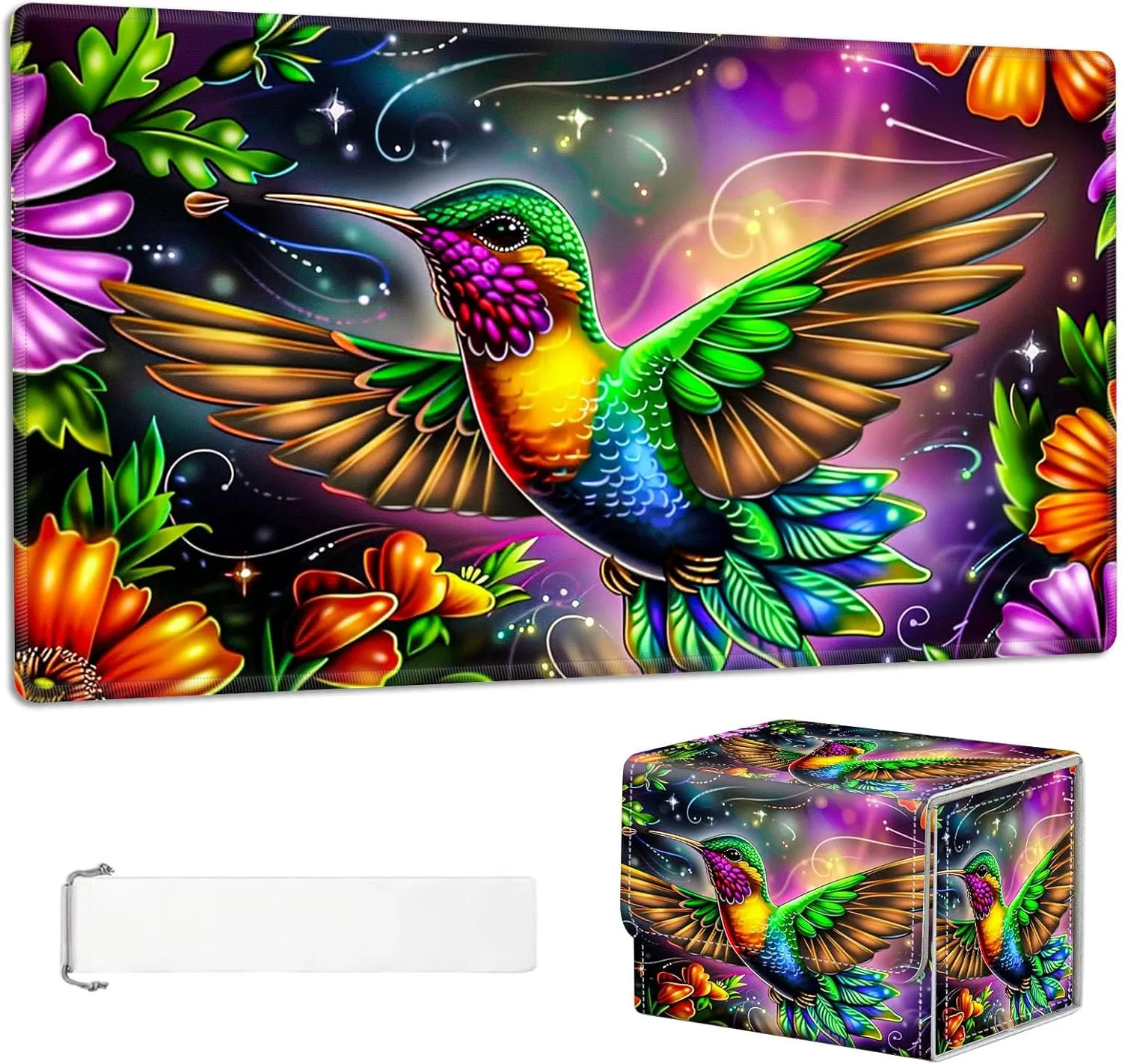 for Mtg Deck Box & Mtg Playmat, Colorful Hummingbird Flower Versatile Trading Card Storage Box Solution and Mtg Deck Box Commander, Keep Your Cards Organized and Protected