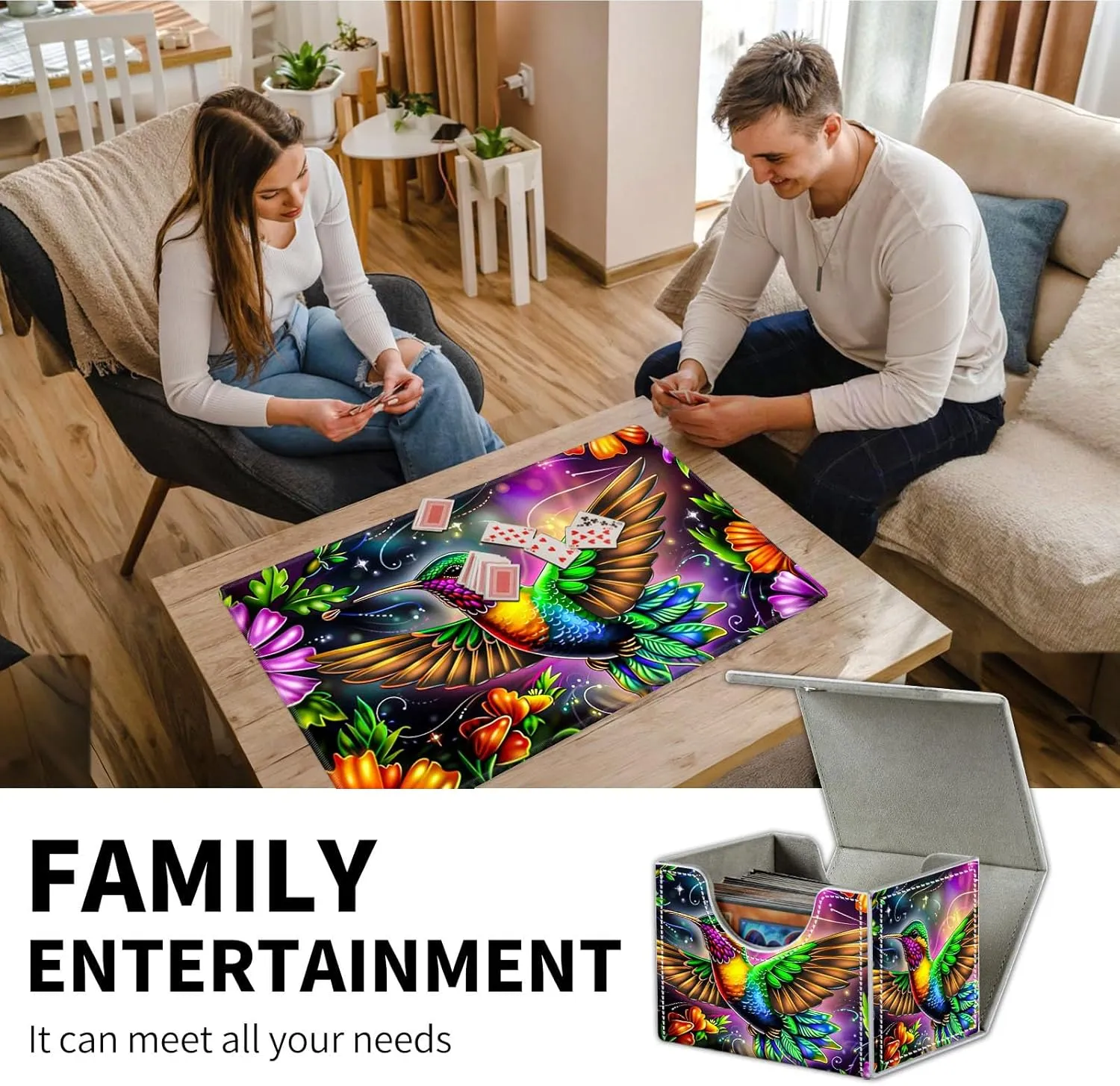 for Mtg Deck Box & Mtg Playmat, Colorful Hummingbird Flower Versatile Trading Card Storage Box Solution and Mtg Deck Box Commander, Keep Your Cards Organized and Protected