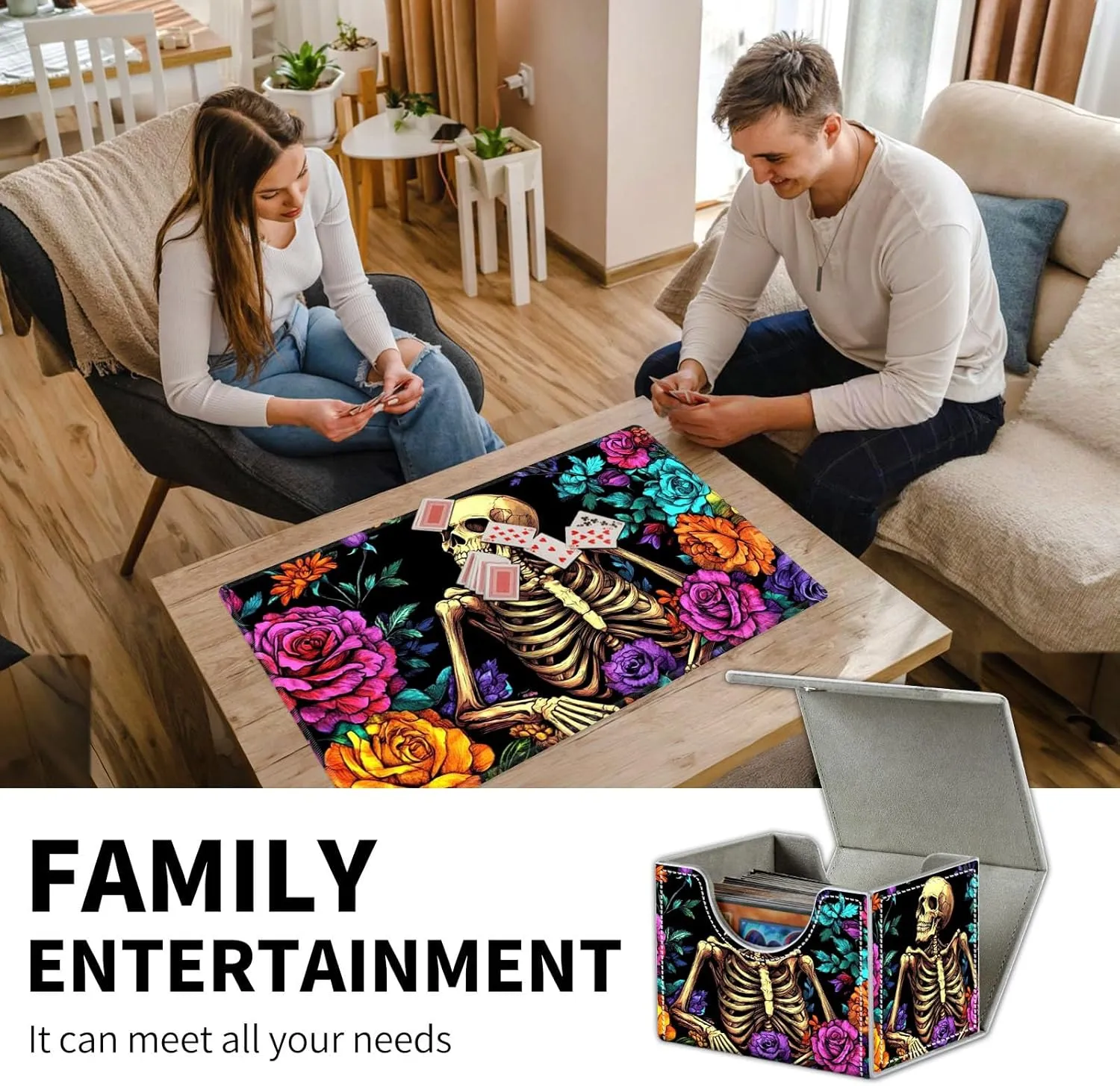 for Mtg Deck Box & Mtg Playmat, Skeleton Colorful Flowers Versatile Trading Card Storage Box Solution and Card Sleeves, Keep Your Cards Organized and Protected