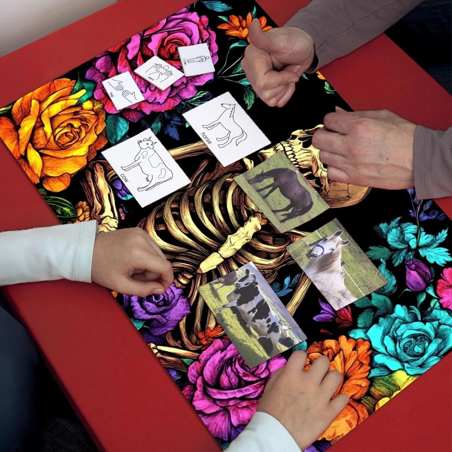 for Mtg Deck Box & Mtg Playmat, Skeleton Colorful Flowers Versatile Trading Card Storage Box Solution and Card Sleeves, Keep Your Cards Organized and Protected