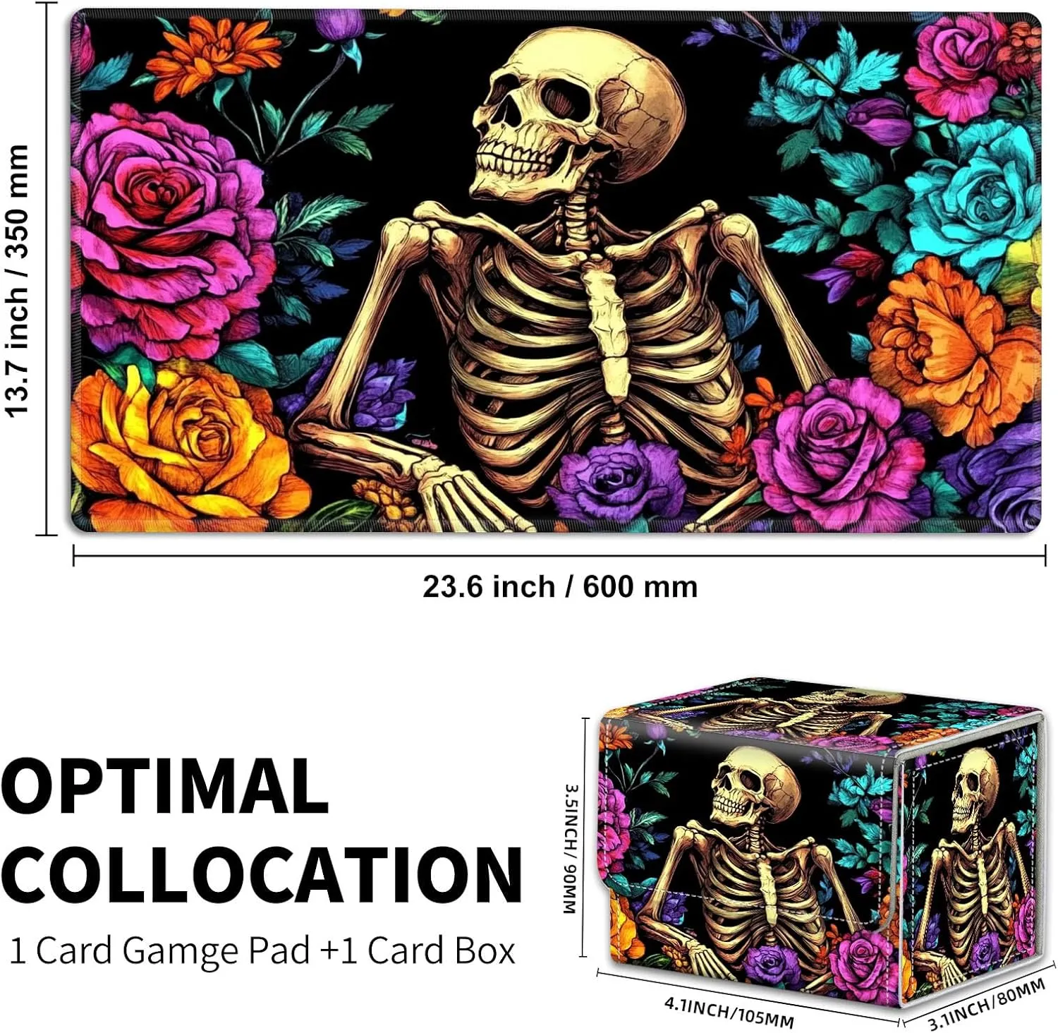 for Mtg Deck Box & Mtg Playmat, Skeleton Colorful Flowers Versatile Trading Card Storage Box Solution and Card Sleeves, Keep Your Cards Organized and Protected