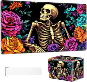 for Mtg Deck Box & Mtg Playmat, Skeleton Colorful Flowers Versatile Trading Card Storage Box Solution and Card Sleeves, Keep Your Cards Organized and Protected