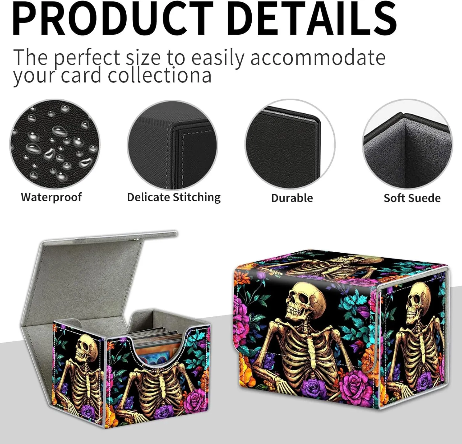 for Mtg Deck Box & Mtg Playmat, Skeleton Colorful Flowers Versatile Trading Card Storage Box Solution and Card Sleeves, Keep Your Cards Organized and Protected