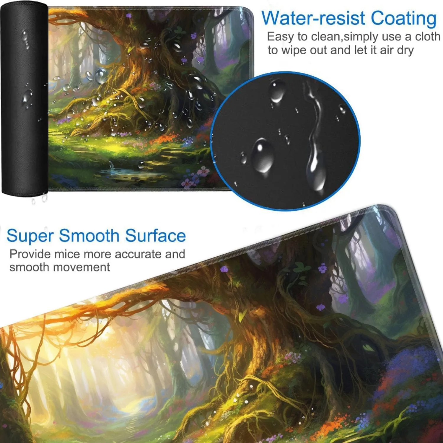 for MTG Playmat   Drawstring Travel Pouch   6 Dice Counter, for Tabletop Trading Card Game Playmats or Large Mouse Pad, Anti-Slip Rubber 24 x 14 in, Enchanted Forest for TCG Playmat