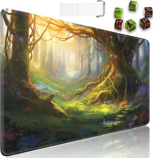 for MTG Playmat   Drawstring Travel Pouch   6 Dice Counter, for Tabletop Trading Card Game Playmats or Large Mouse Pad, Anti-Slip Rubber 24 x 14 in, Enchanted Forest for TCG Playmat