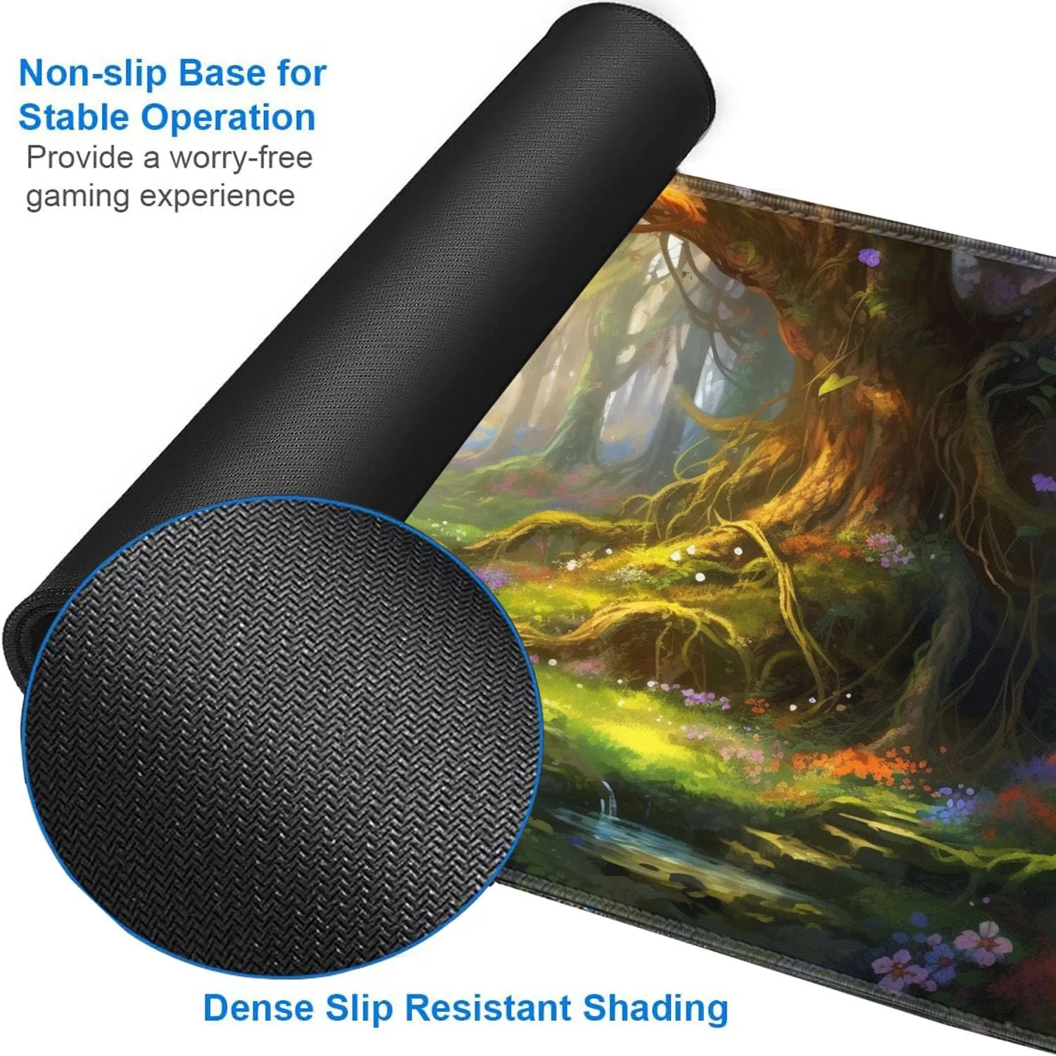 for MTG Playmat   Drawstring Travel Pouch   6 Dice Counter, for Tabletop Trading Card Game Playmats or Large Mouse Pad, Anti-Slip Rubber 24 x 14 in, Enchanted Forest for TCG Playmat