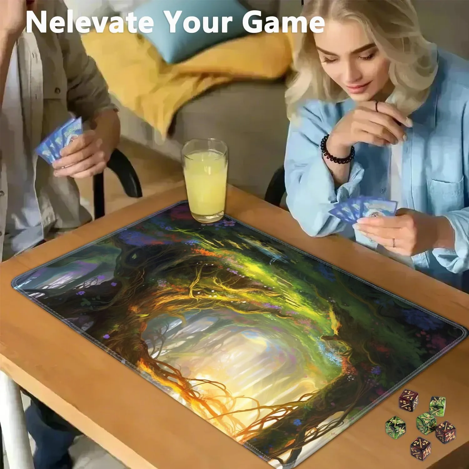 for MTG Playmat   Drawstring Travel Pouch   6 Dice Counter, for Tabletop Trading Card Game Playmats or Large Mouse Pad, Anti-Slip Rubber 24 x 14 in, Enchanted Forest for TCG Playmat