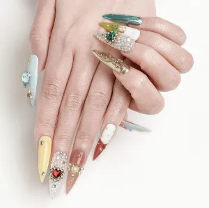 FORBELOVED NAILS,Shiny Colorful Gems,Heart Love,Flower Decorations,Luxury Handmade Press On Nails,Long Stiletto Glue On Nails,Pearls False Nails For Women And Girls,10Pcs/Set With Glue,(Yellow-L),FOB