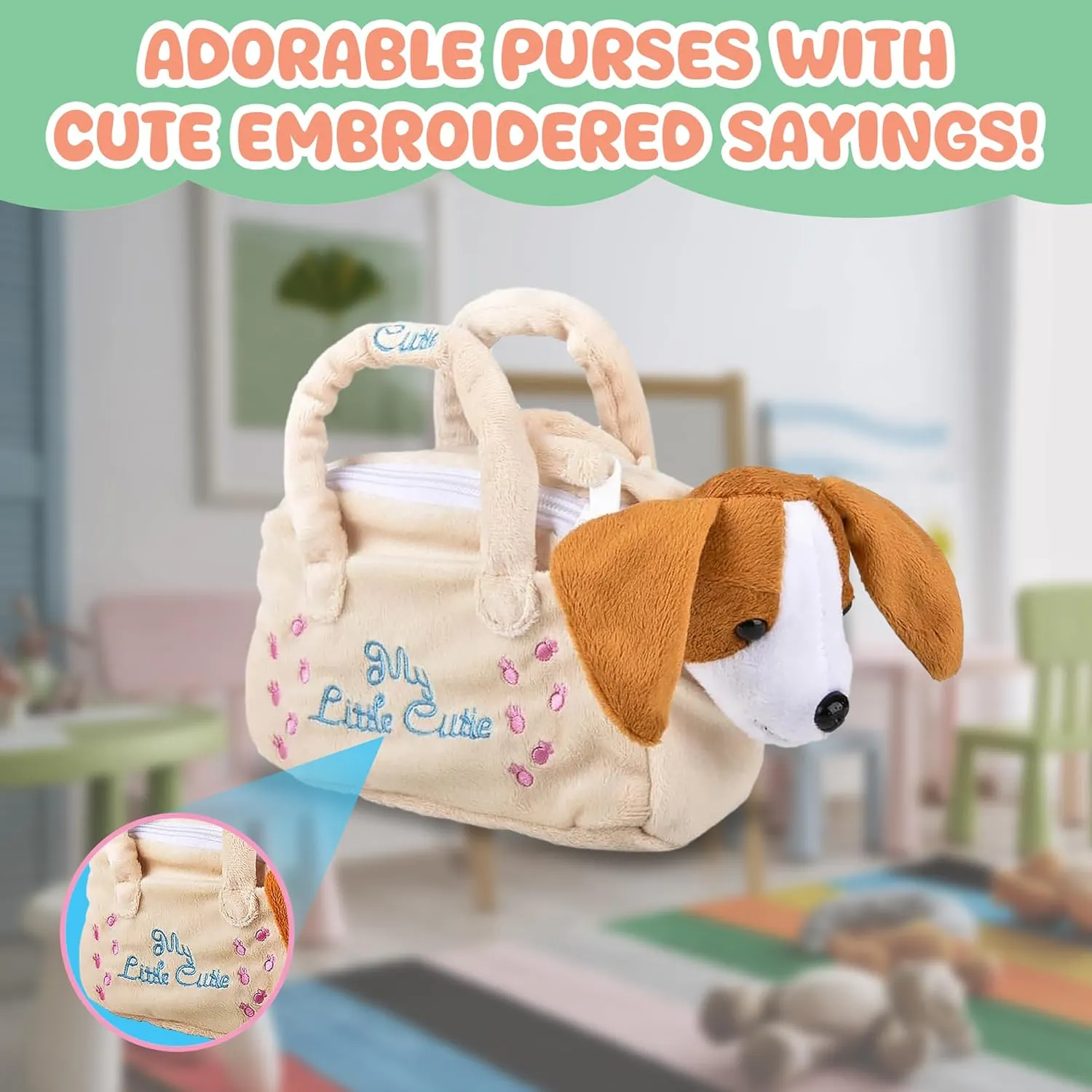 Forest & Twelfth Cream Puppy Stuffed Animal in Purse – Soft Dog Bag with Removable Toy Dog Stuffed Animal with Embroidered Puppy and Heart, Ideal Puppy Toy Gift for Kids (Cream)