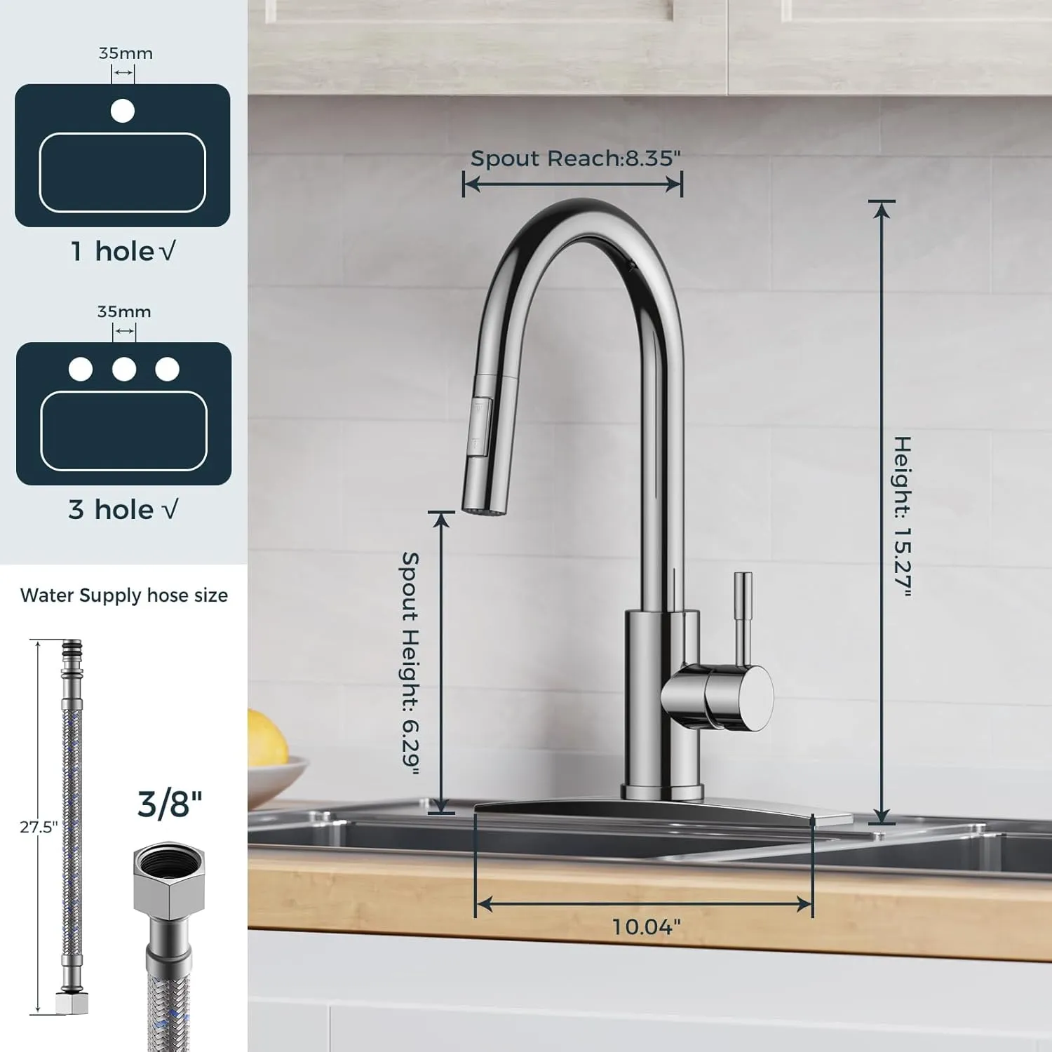 FORIOUS Chrome Kitchen Faucet with Pull Down Sprayer, High Arc Modern Classic Sink Faucet Stainless Steel with Deck Plate Fit for 1 or 3 Hole for Bar Farmhouse Laundry Rv