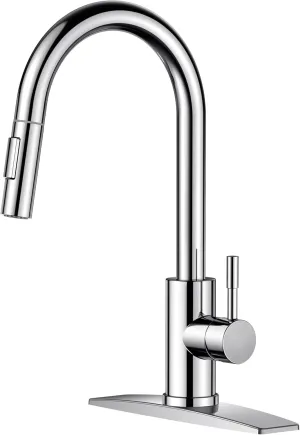 FORIOUS Chrome Kitchen Faucet with Pull Down Sprayer, High Arc Modern Classic Sink Faucet Stainless Steel with Deck Plate Fit for 1 or 3 Hole for Bar Farmhouse Laundry Rv