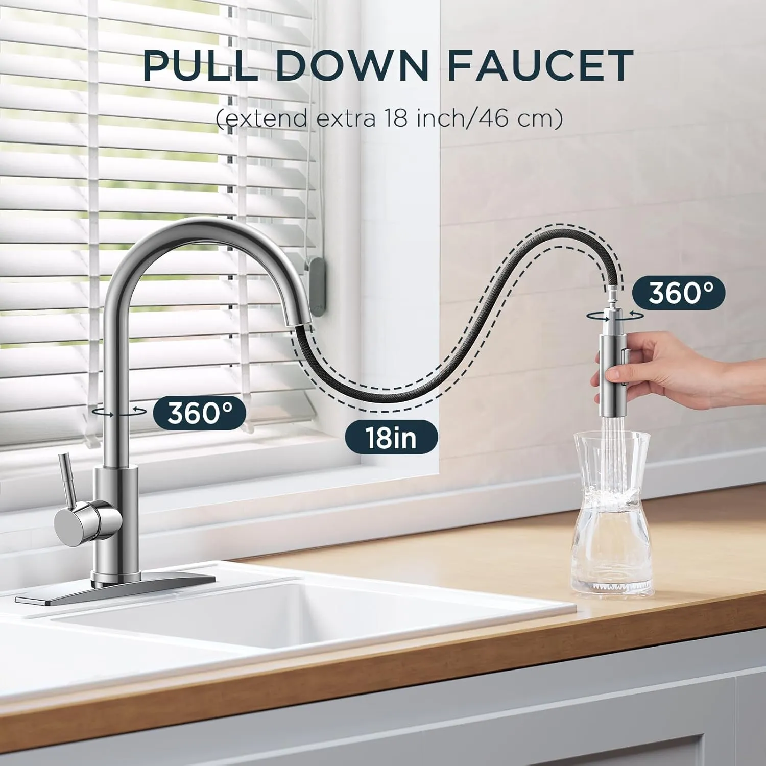FORIOUS Chrome Kitchen Faucet with Pull Down Sprayer, High Arc Modern Classic Sink Faucet Stainless Steel with Deck Plate Fit for 1 or 3 Hole for Bar Farmhouse Laundry Rv