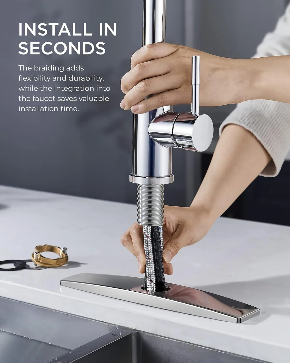 FORIOUS Chrome Kitchen Faucet with Pull Down Sprayer, High Arc Modern Classic Sink Faucet Stainless Steel with Deck Plate Fit for 1 or 3 Hole for Bar Farmhouse Laundry Rv