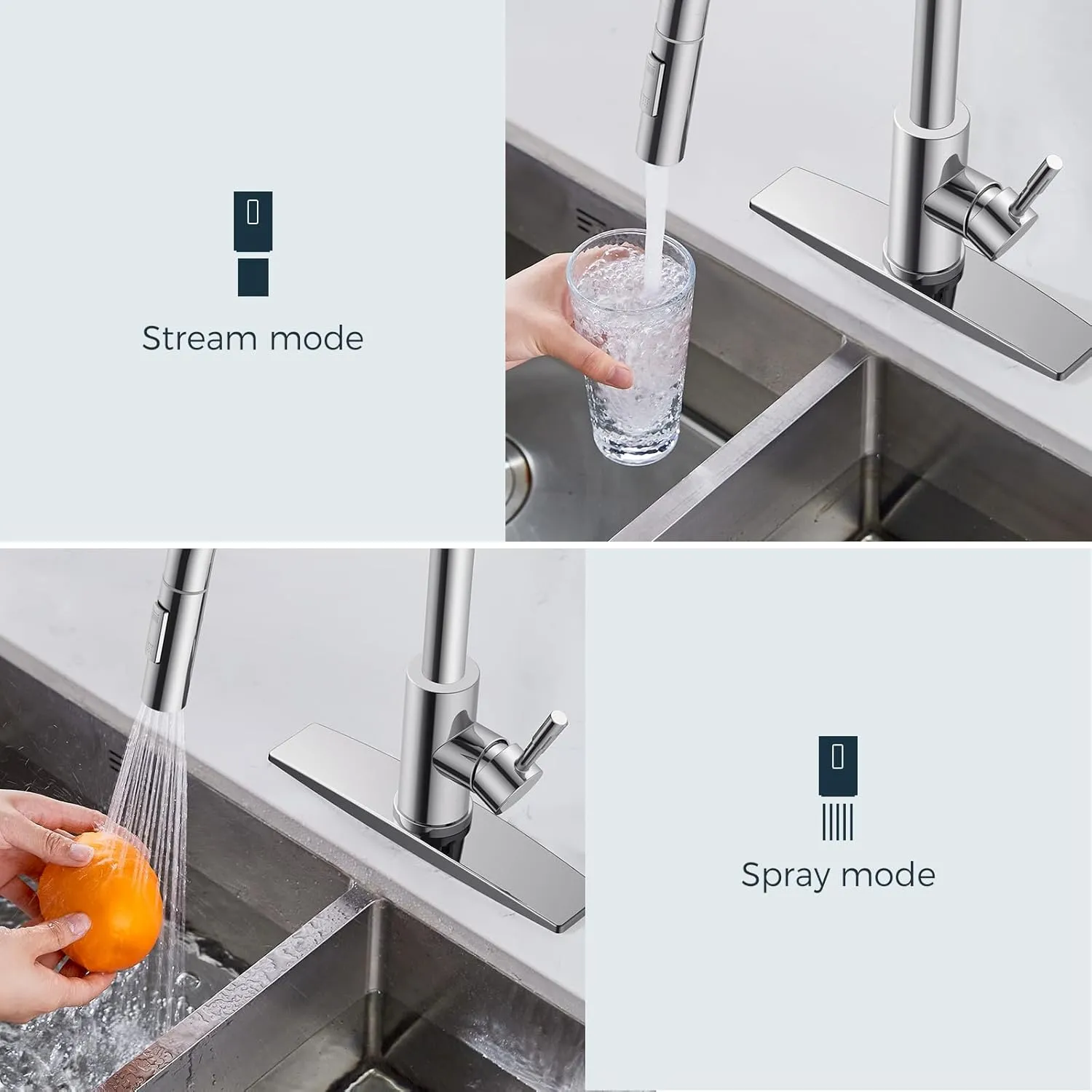 FORIOUS Chrome Kitchen Faucet with Pull Down Sprayer, High Arc Modern Classic Sink Faucet Stainless Steel with Deck Plate Fit for 1 or 3 Hole for Bar Farmhouse Laundry Rv