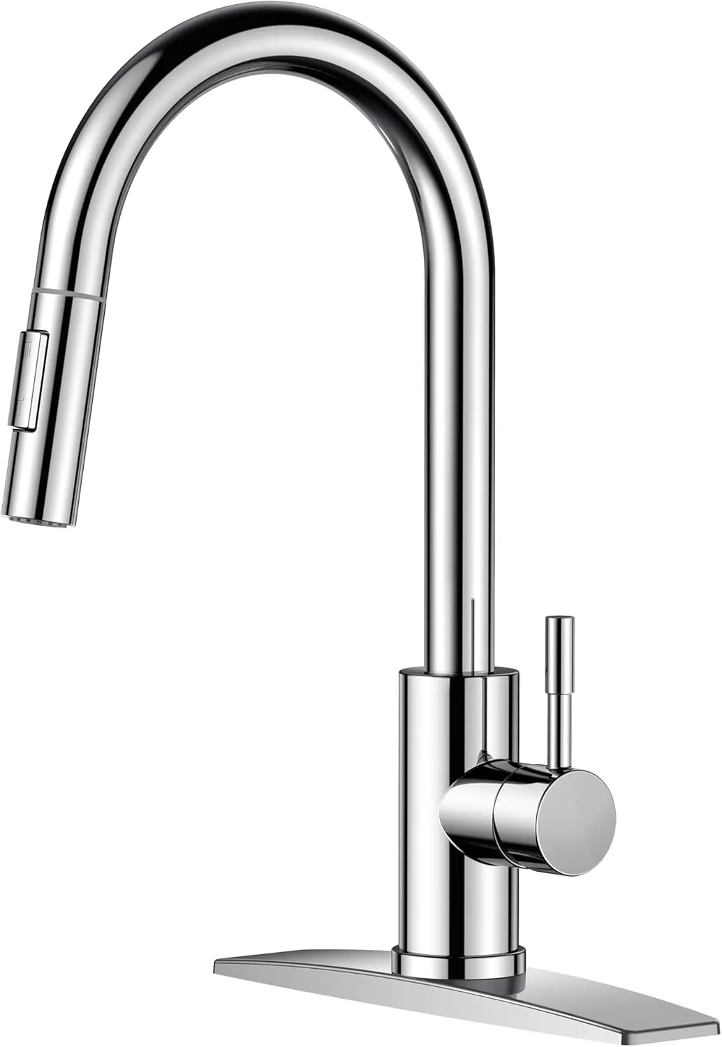 FORIOUS Chrome Kitchen Faucet with Pull Down Sprayer, High Arc Modern Classic Sink Faucet Stainless Steel with Deck Plate Fit for 1 or 3 Hole for Bar Farmhouse Laundry Rv