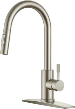 FORIOUS Kitchen Faucet with Pull Down Sprayer, Brushed Nickel High Arc Modern Classic Sink Faucet Stainless Steel with Deck Plate Fit for 1 or 3 Hole for Bar Farmhouse Laundry Rv