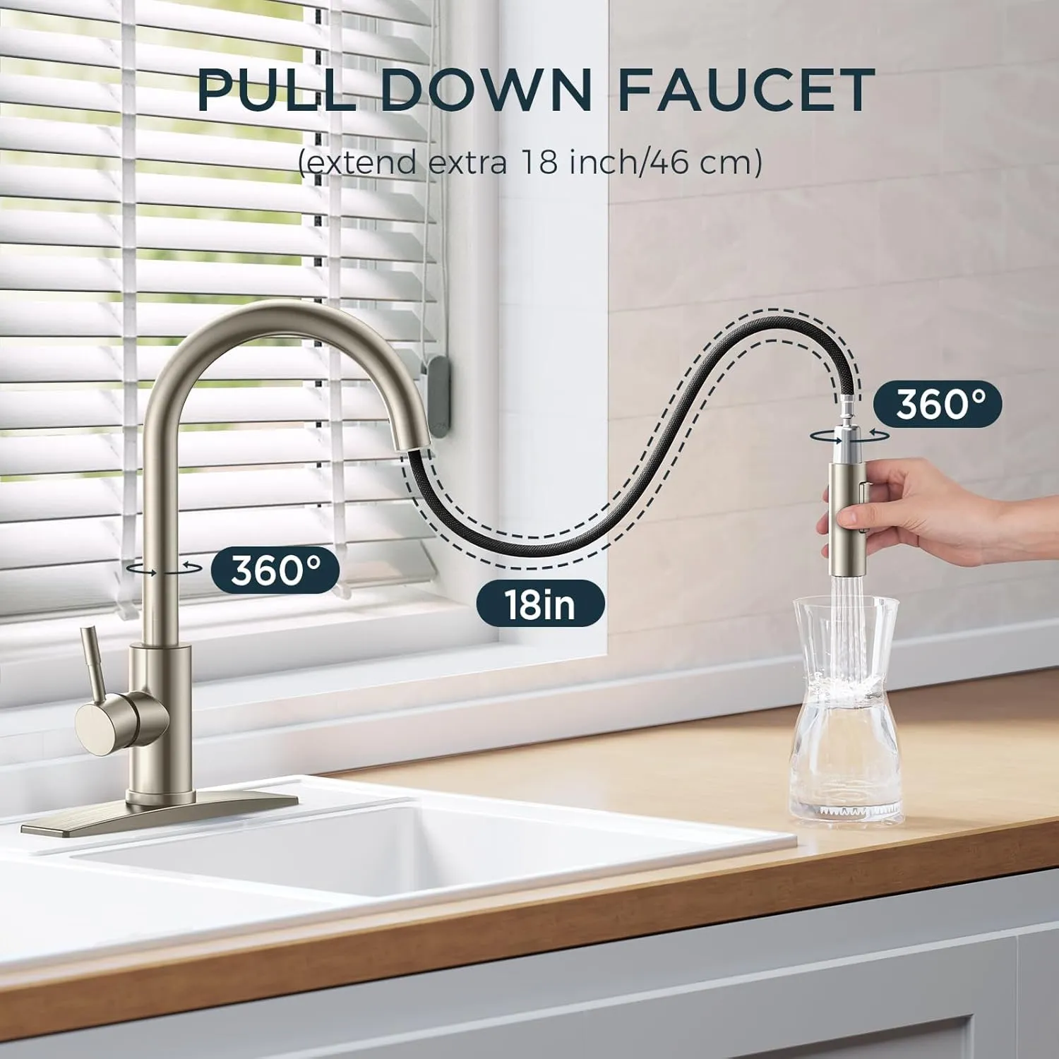 FORIOUS Kitchen Faucet with Pull Down Sprayer, Brushed Nickel High Arc Modern Classic Sink Faucet Stainless Steel with Deck Plate Fit for 1 or 3 Hole for Bar Farmhouse Laundry Rv