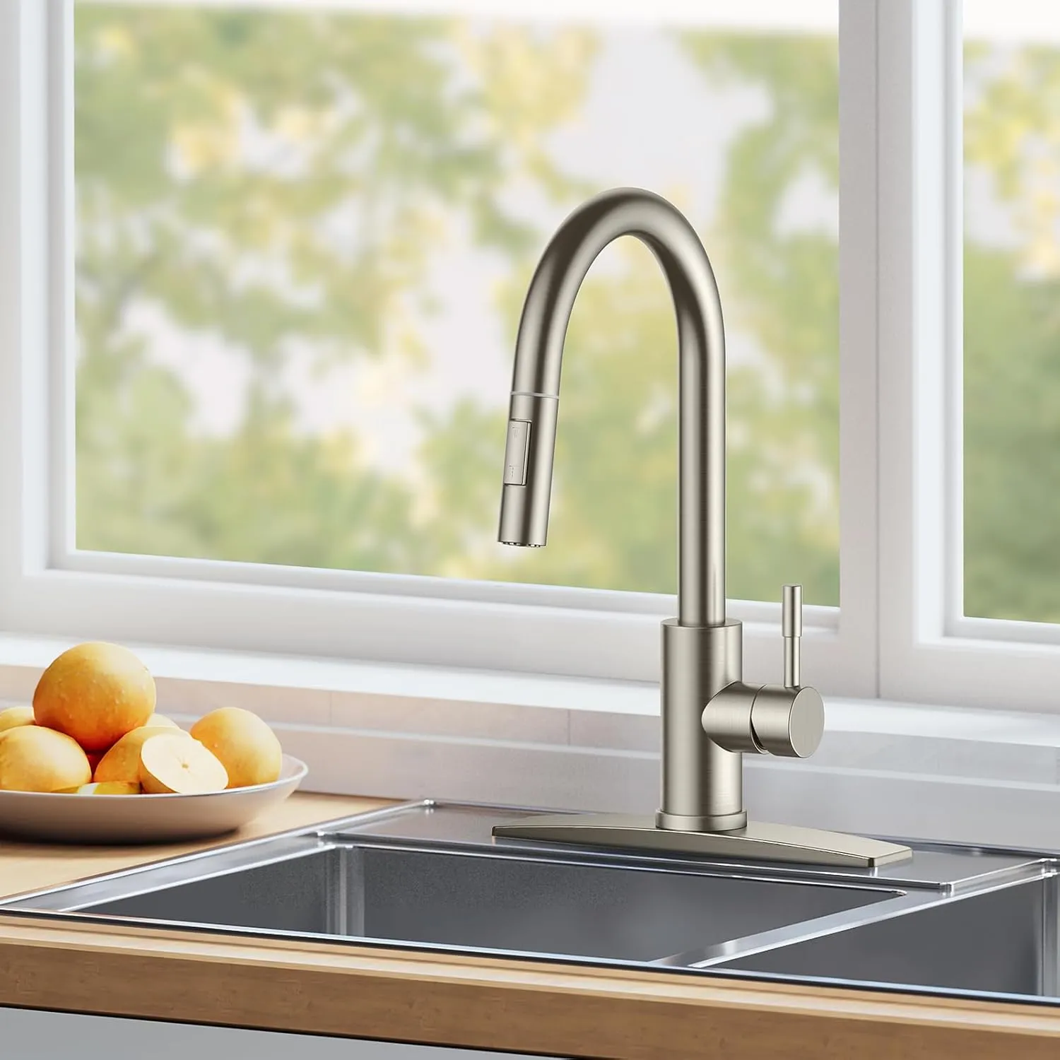 FORIOUS Kitchen Faucet with Pull Down Sprayer, Brushed Nickel High Arc Modern Classic Sink Faucet Stainless Steel with Deck Plate Fit for 1 or 3 Hole for Bar Farmhouse Laundry Rv