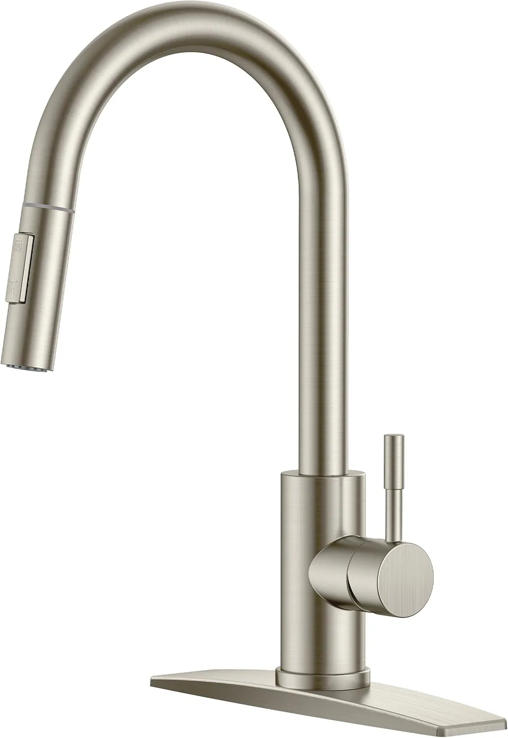 FORIOUS Kitchen Faucet with Pull Down Sprayer, Brushed Nickel High Arc Modern Classic Sink Faucet Stainless Steel with Deck Plate Fit for 1 or 3 Hole for Bar Farmhouse Laundry Rv