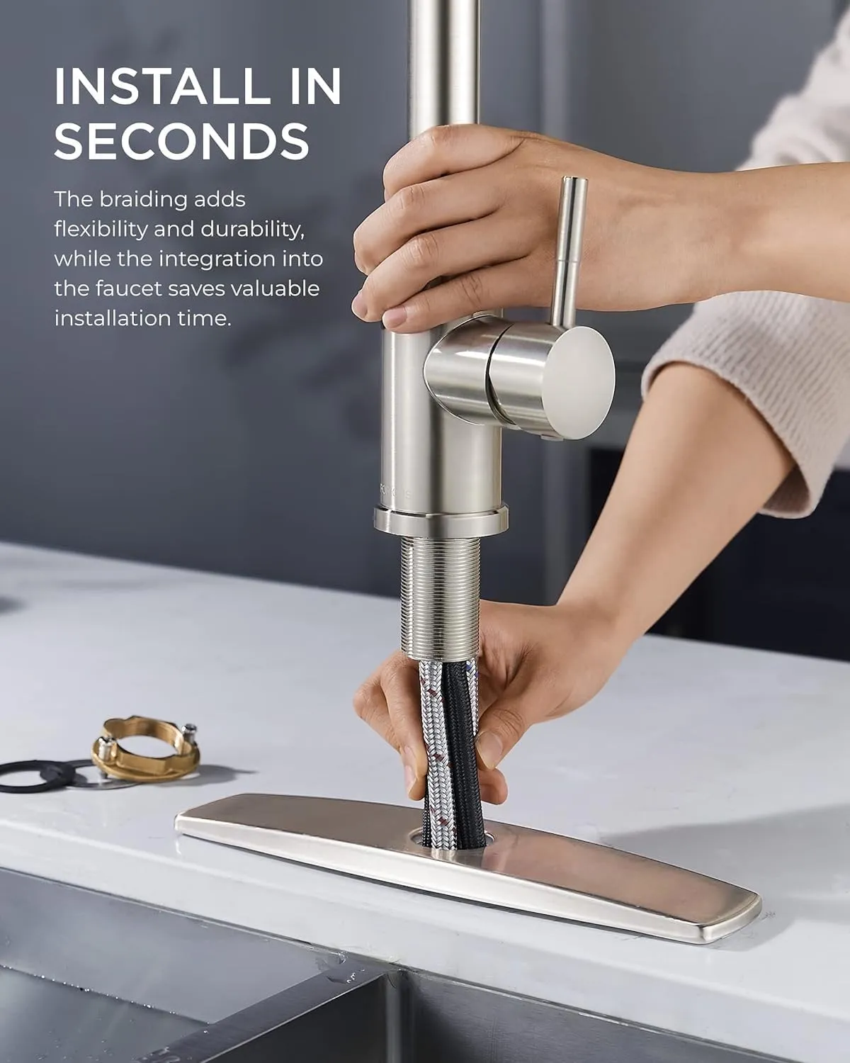 FORIOUS Kitchen Faucet with Pull Down Sprayer, Brushed Nickel High Arc Modern Classic Sink Faucet Stainless Steel with Deck Plate Fit for 1 or 3 Hole for Bar Farmhouse Laundry Rv