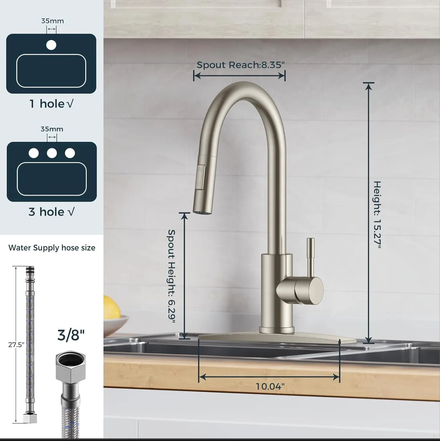 FORIOUS Kitchen Faucet with Pull Down Sprayer, Brushed Nickel High Arc Modern Classic Sink Faucet Stainless Steel with Deck Plate Fit for 1 or 3 Hole for Bar Farmhouse Laundry Rv
