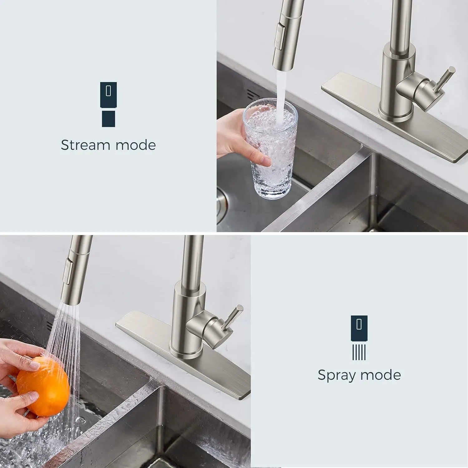 FORIOUS Kitchen Faucet with Pull Down Sprayer, Brushed Nickel High Arc Modern Classic Sink Faucet Stainless Steel with Deck Plate Fit for 1 or 3 Hole for Bar Farmhouse Laundry Rv