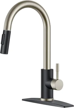 FORIOUS Kitchen Faucet with Pull Down Sprayer, High Arc Modern Classic Sink Faucet Stainless Steel with Deck Plate Fit for 1 or 3 Hole for Bar Farmhouse Laundry Rv, Black Brushed