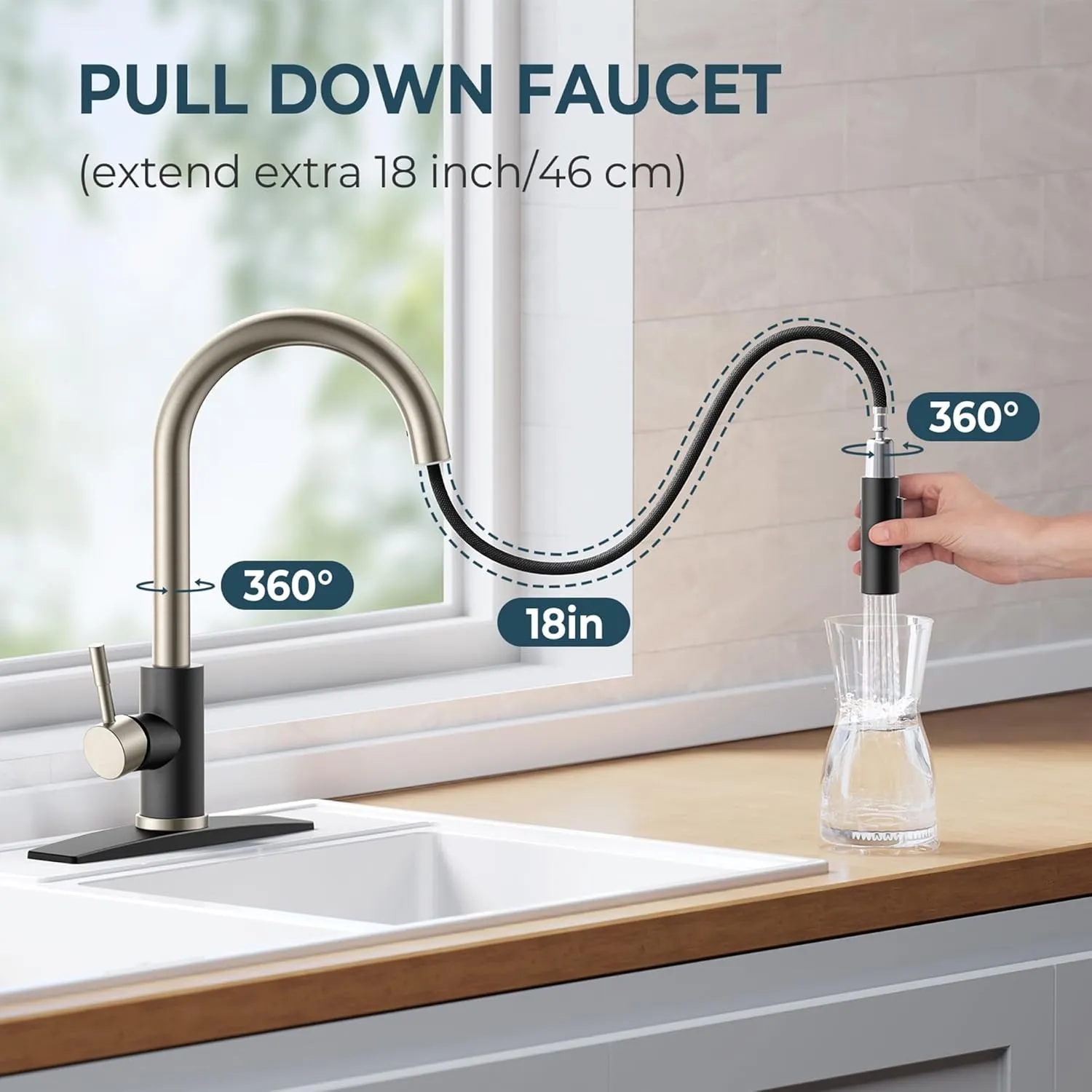 FORIOUS Kitchen Faucet with Pull Down Sprayer, High Arc Modern Classic Sink Faucet Stainless Steel with Deck Plate Fit for 1 or 3 Hole for Bar Farmhouse Laundry Rv, Black Brushed