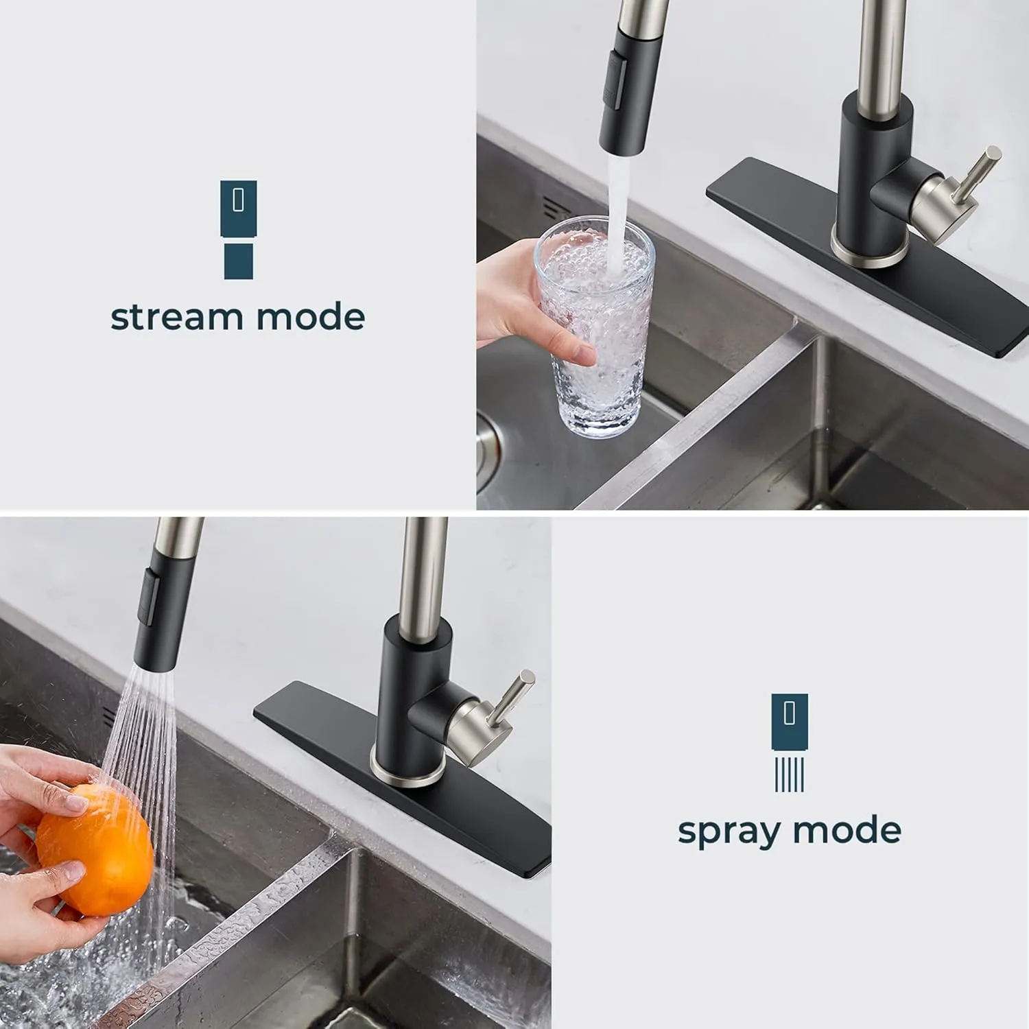 FORIOUS Kitchen Faucet with Pull Down Sprayer, High Arc Modern Classic Sink Faucet Stainless Steel with Deck Plate Fit for 1 or 3 Hole for Bar Farmhouse Laundry Rv, Black Brushed