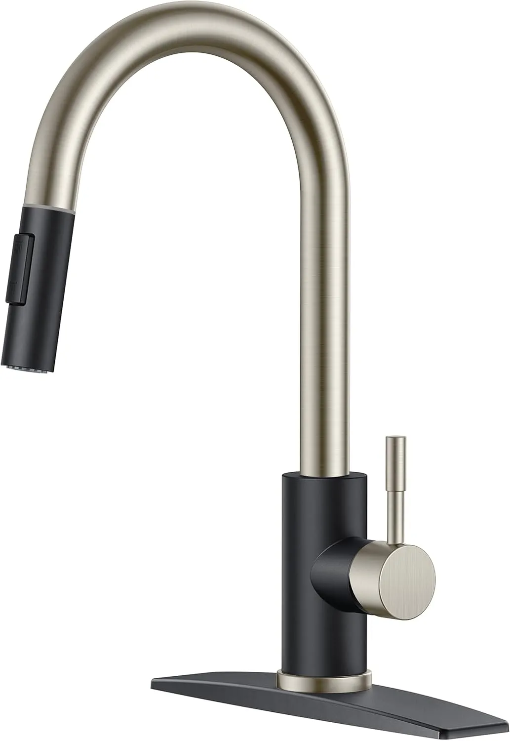 FORIOUS Kitchen Faucet with Pull Down Sprayer, High Arc Modern Classic Sink Faucet Stainless Steel with Deck Plate Fit for 1 or 3 Hole for Bar Farmhouse Laundry Rv, Black Brushed