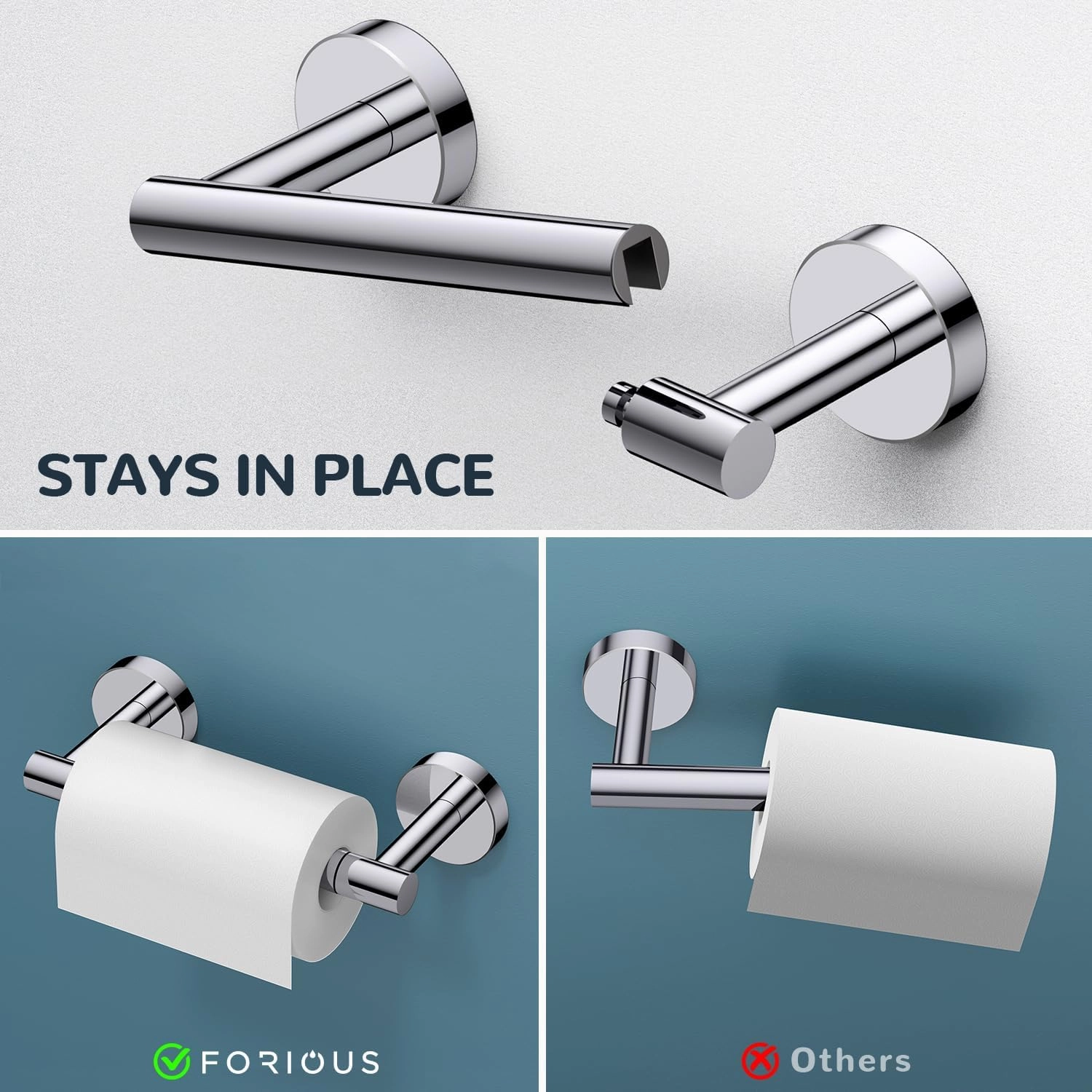 FORIOUS Polished Chrome Toilet Paper Holder Wall Mount, SUS304 Stainless Steel Double Post Pivoting Tissue Roll Holder and Hand Towel Ring Set for Bathroom, RV, Bathroom Hardware Accessories Set