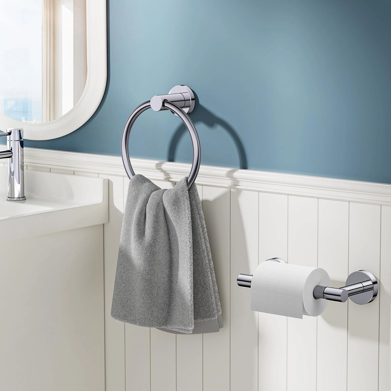 FORIOUS Polished Chrome Toilet Paper Holder Wall Mount, SUS304 Stainless Steel Double Post Pivoting Tissue Roll Holder and Hand Towel Ring Set for Bathroom, RV, Bathroom Hardware Accessories Set