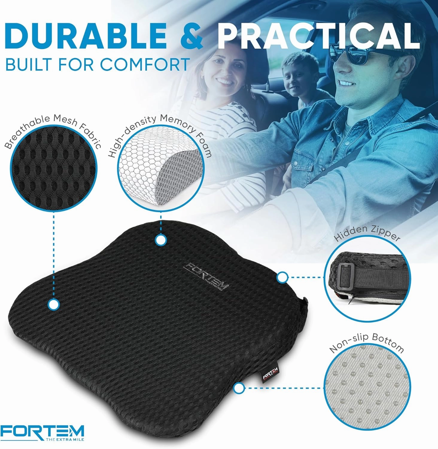 FORTEM Car Seat Cushion and Back Support Pillow, Memory Foam Car Wedge Cushion, Comfort Back Rest and Lumbar Support for Driving, Non Slip Seat Pad, Adjustable Straps, Washable Cover