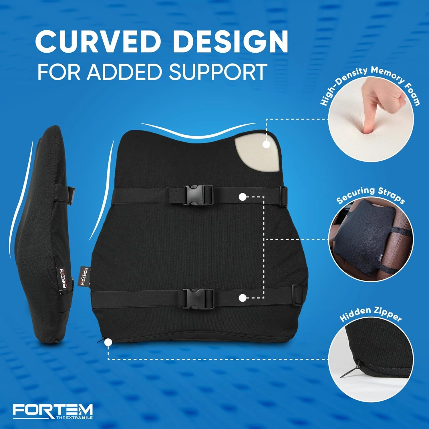 FORTEM Car Seat Cushion and Back Support Pillow, Memory Foam Car Wedge Cushion, Comfort Back Rest and Lumbar Support for Driving, Non Slip Seat Pad, Adjustable Straps, Washable Cover