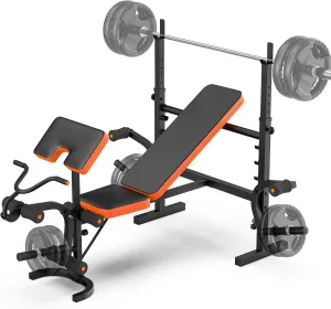 Fostoy Adjustable Weight Bench, Bench Press with Squat Rack, Olympic Weight Bench for Home Gym, Workout Bench with Preacher Curl Pad and Leg Develope for Full-Body Strength Training