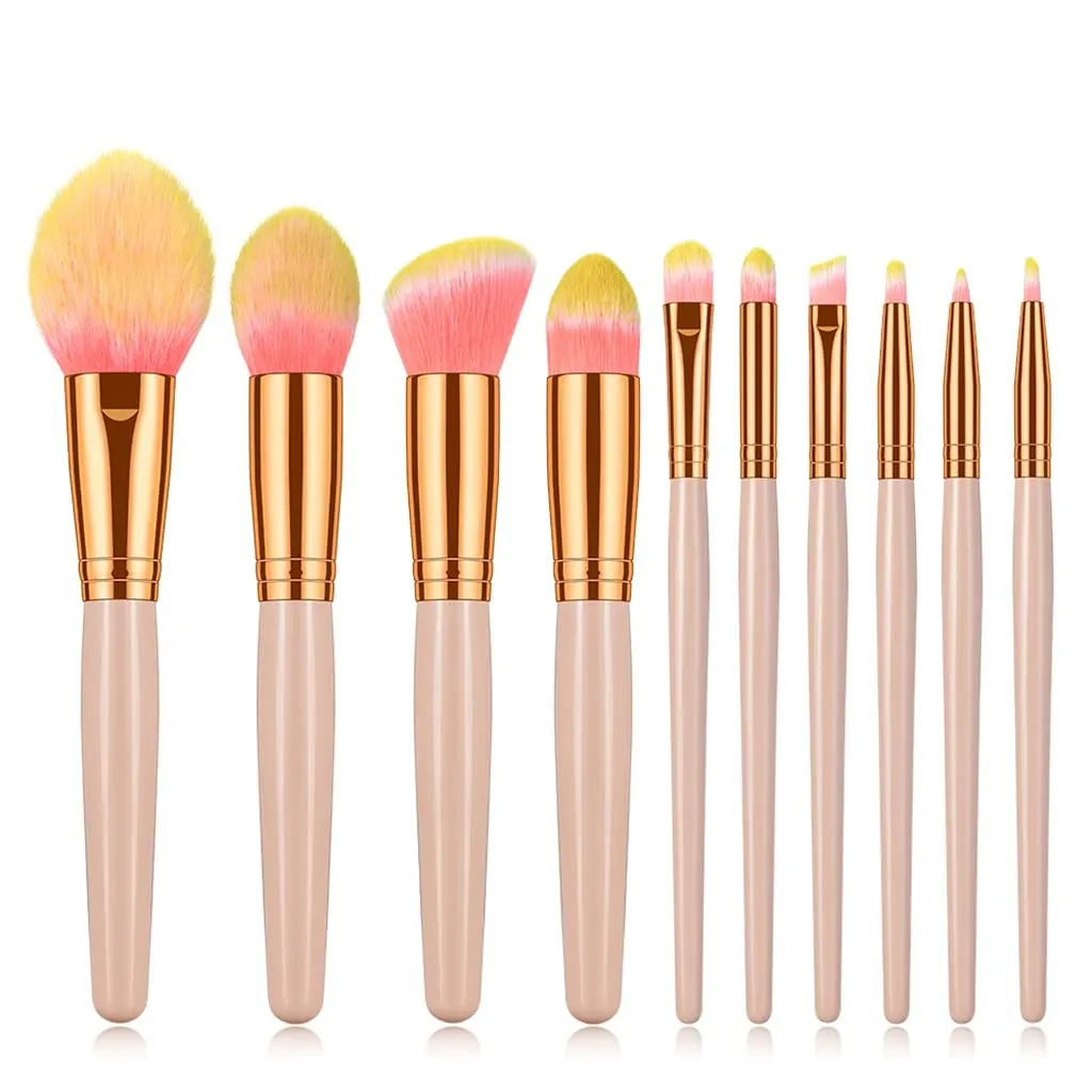 Foundation Makeup Brushes Set Eyeshadow Powder Wood Handle 10 Pcs Concealer Cosmetic Eyebrow Beauty Tools