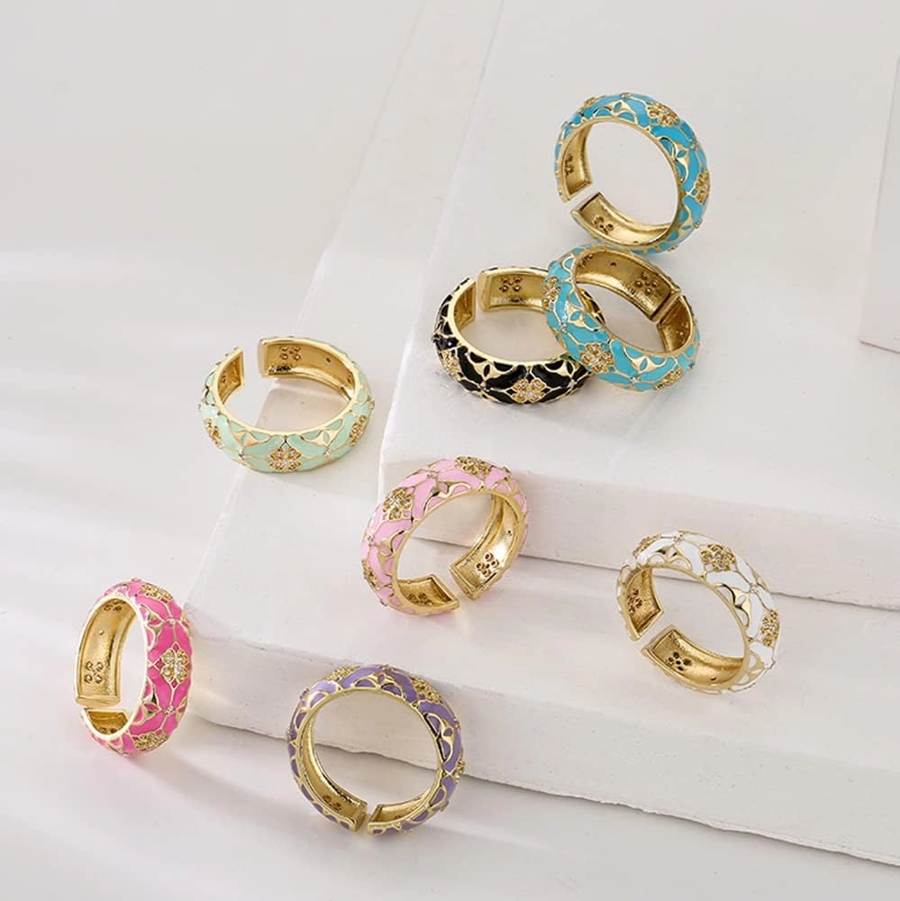 Four Leaf Clover Statement Rings for Women Adjustable Dainty Enamel Lucky Jewelry Band