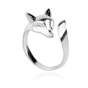 Fox Head Tail Open Ring Sterling Silver 925 Adjustable Size Animal Lovers Fashion Handmade Jewelry