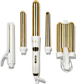 FoxyBae 5-in-1 Interchangeable Hair Tools Set - 1" Flat Iron Hair Straightener, 3 Barrels Hair Crimper, 3 Ceramic Curling Wands 0.75"-1.25", Salon Grade Waver & Curler (Pearl White - Gold)
