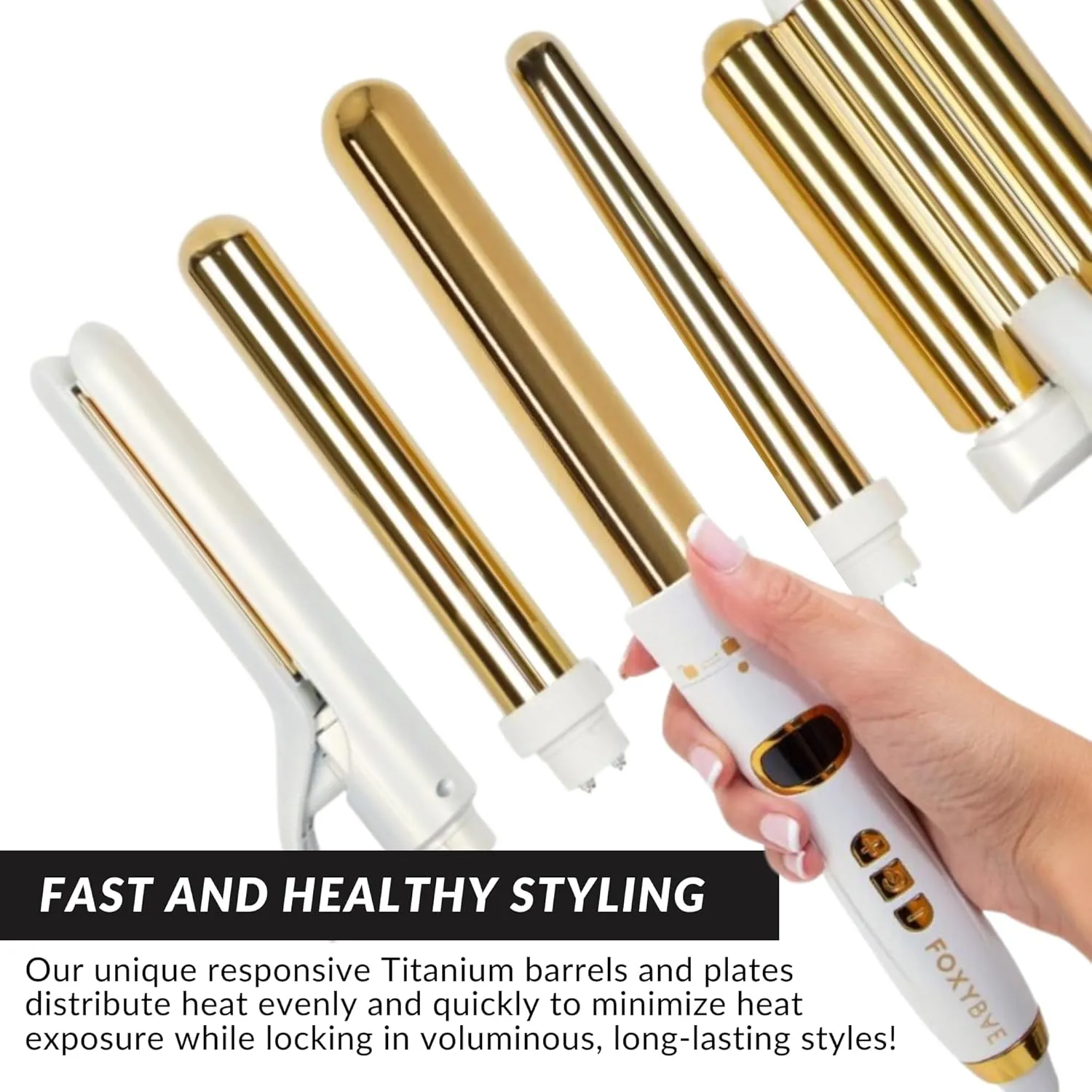 FoxyBae 5-in-1 Interchangeable Hair Tools Set - 1" Flat Iron Hair Straightener, 3 Barrels Hair Crimper, 3 Ceramic Curling Wands 0.75"-1.25", Salon Grade Waver & Curler (Pearl White - Gold)