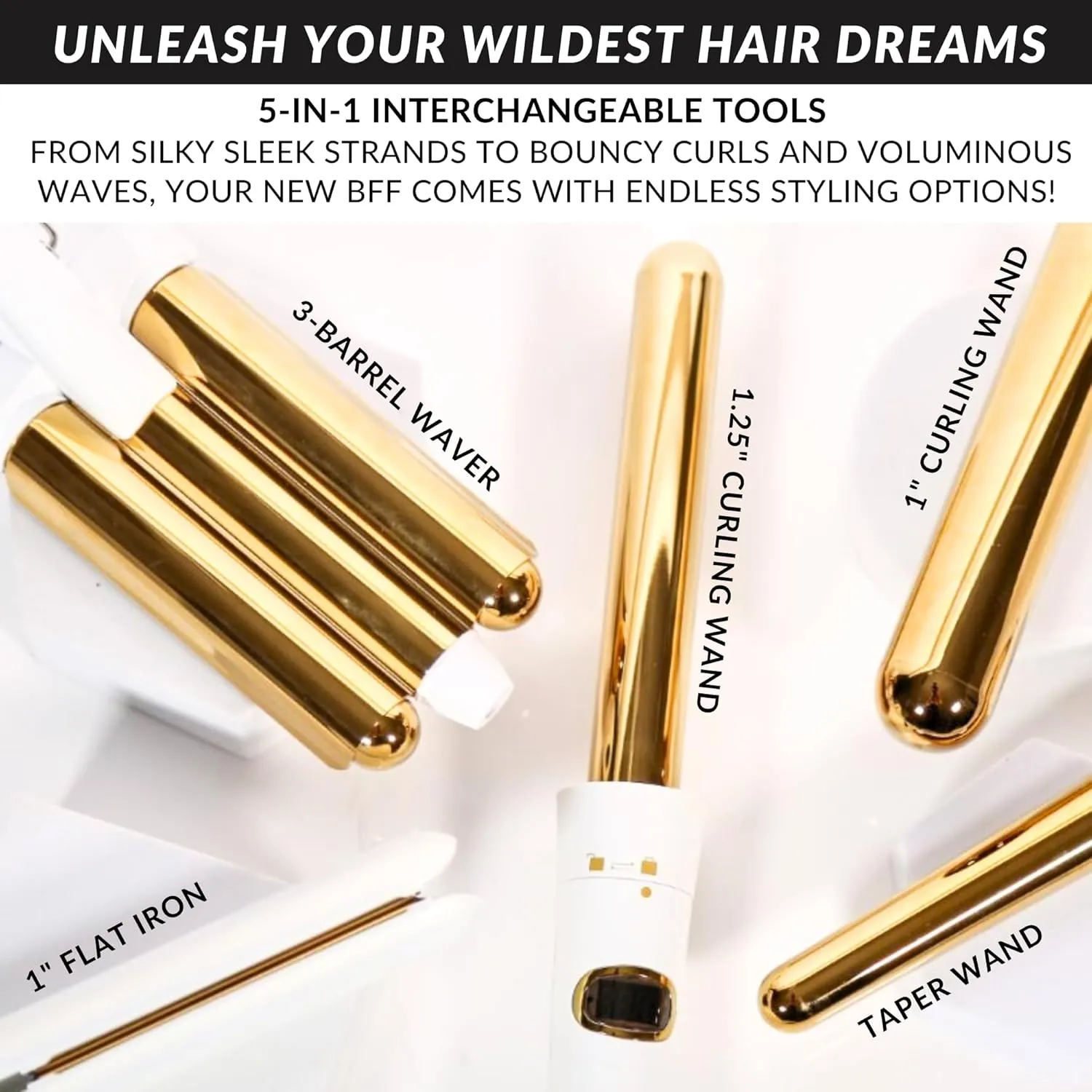 FoxyBae 5-in-1 Interchangeable Hair Tools Set - 1" Flat Iron Hair Straightener, 3 Barrels Hair Crimper, 3 Ceramic Curling Wands 0.75"-1.25", Salon Grade Waver & Curler (Pearl White - Gold)
