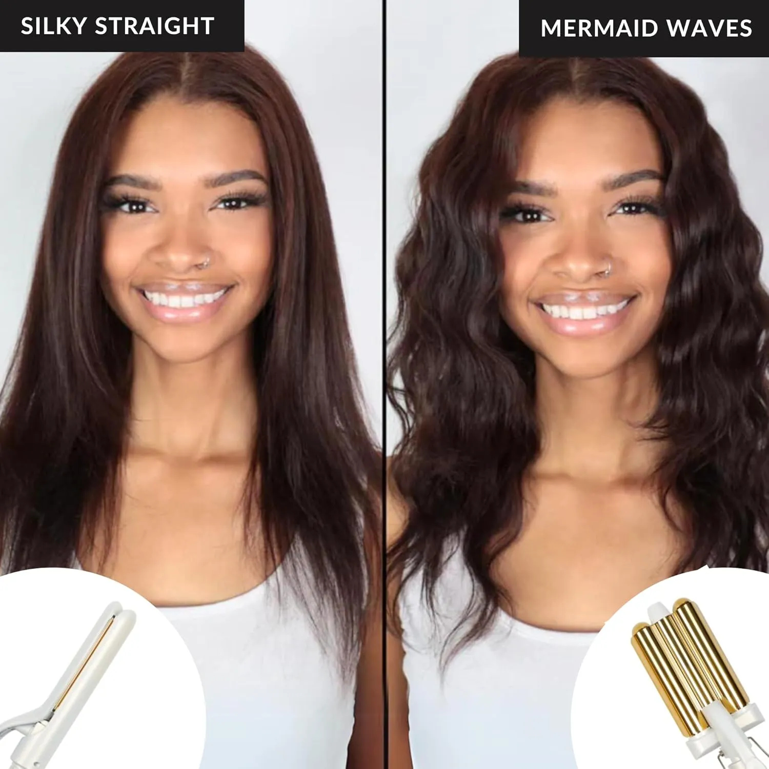 FoxyBae 5-in-1 Interchangeable Hair Tools Set - 1" Flat Iron Hair Straightener, 3 Barrels Hair Crimper, 3 Ceramic Curling Wands 0.75"-1.25", Salon Grade Waver & Curler (Pearl White - Gold)