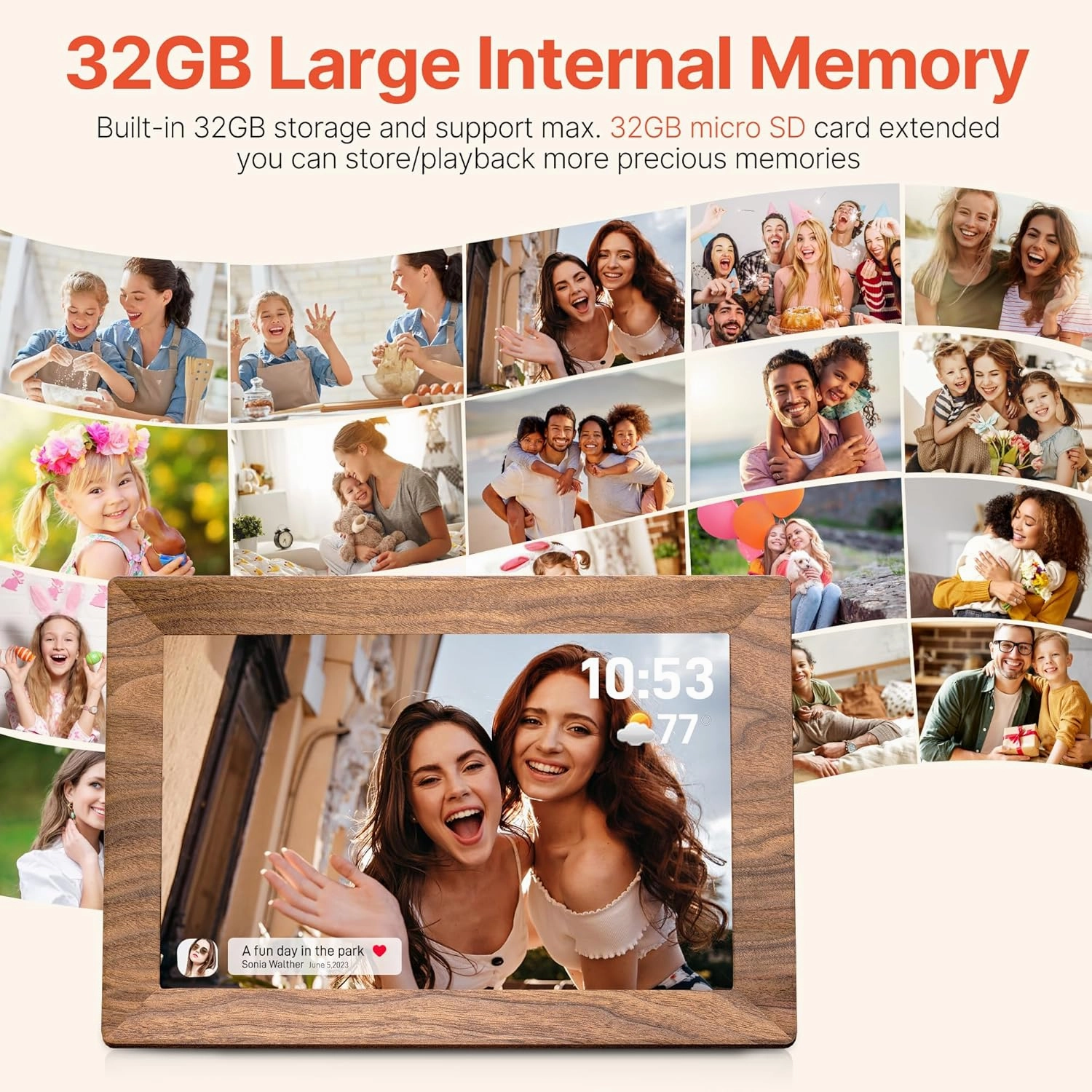 Frameo 10.1" Digital Picture Frame with 32GB Memory WiFi Electronic Photo Frame Wood 1280 x 800 IPS Touch Screen Auto-Rotate Slideshow Wall Mountable Share Photos/Video Remotely Anywhere