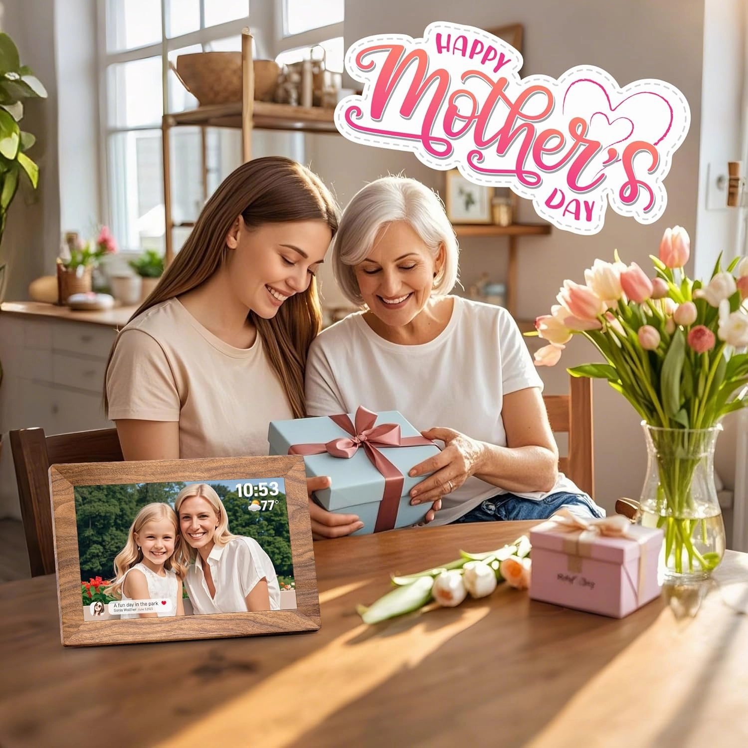 Frameo 10.1" Digital Picture Frame with 32GB Memory WiFi Electronic Photo Frame Wood 1280 x 800 IPS Touch Screen Auto-Rotate Slideshow Wall Mountable Share Photos/Video Remotely Anywhere