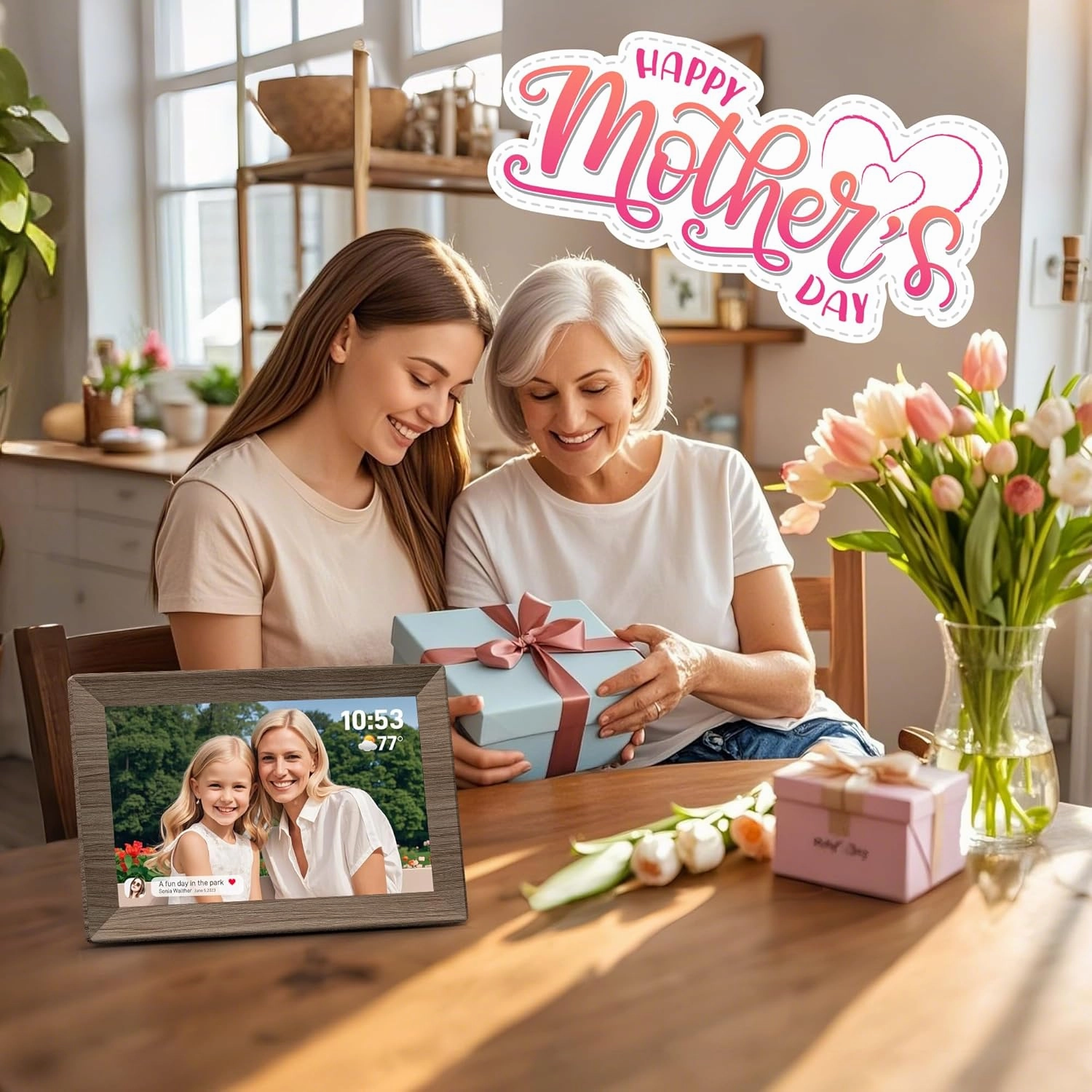 Frameo 10.1" Digital Picture Frame with 32GB Memory Wood WiFi Electronic Photo Frame 1280 x 800 IPS Touch Screen Auto-Rotate Slideshow Wall Mountable Share Photos/Video Remotely Anywhere