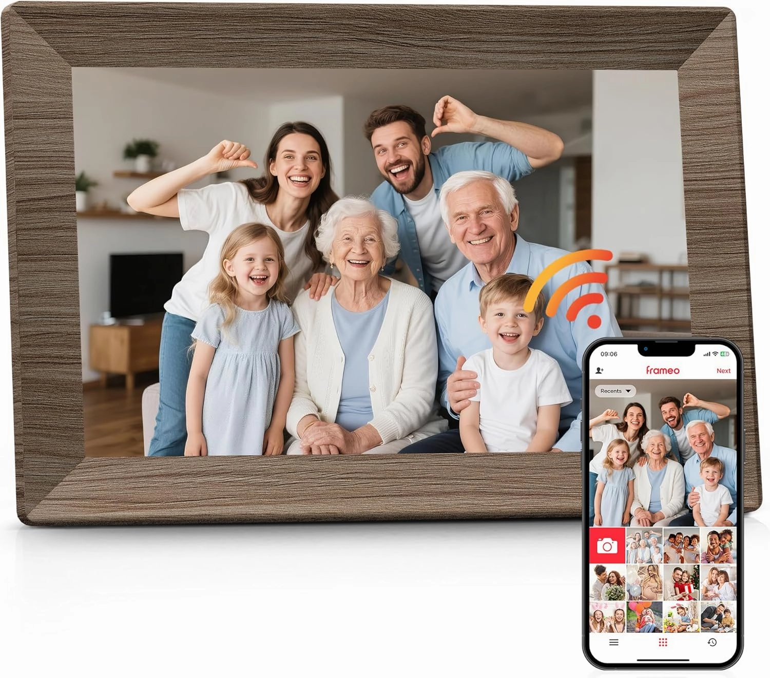 Frameo 10.1" Digital Picture Frame with 32GB Memory Wood WiFi Electronic Photo Frame 1280 x 800 IPS Touch Screen Auto-Rotate Slideshow Wall Mountable Share Photos/Video Remotely Anywhere