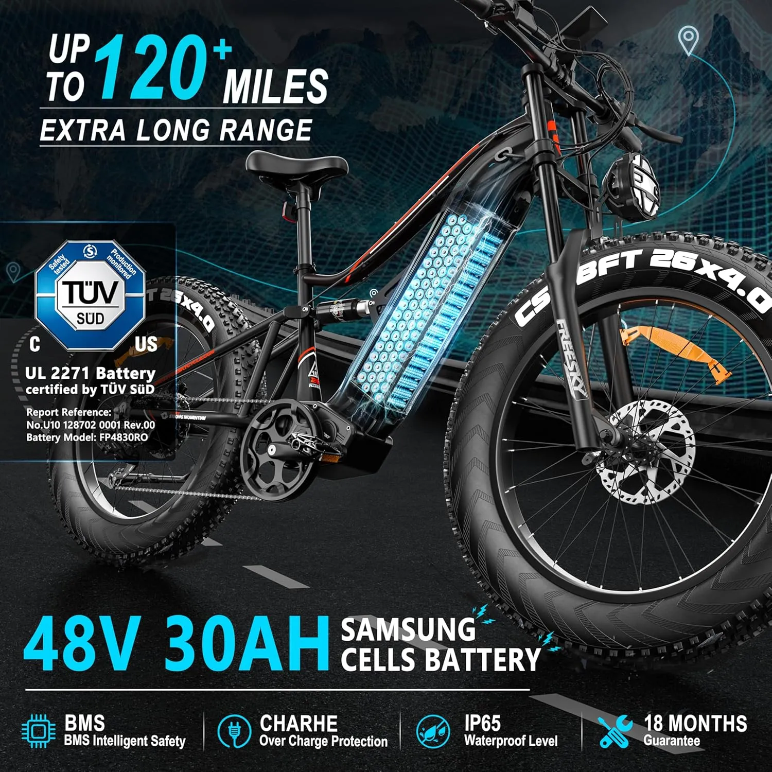 FREESKY 2000W Electric Bike with BAFANG Motor & 48V 30Ah Samsung Cells Battery, 35MPH Max Speed, 120 Miles Range, Full Suspension Mountain Ebike for Adults, 26" Fat Tires, Smart Keys, Hydraulic Brakes
