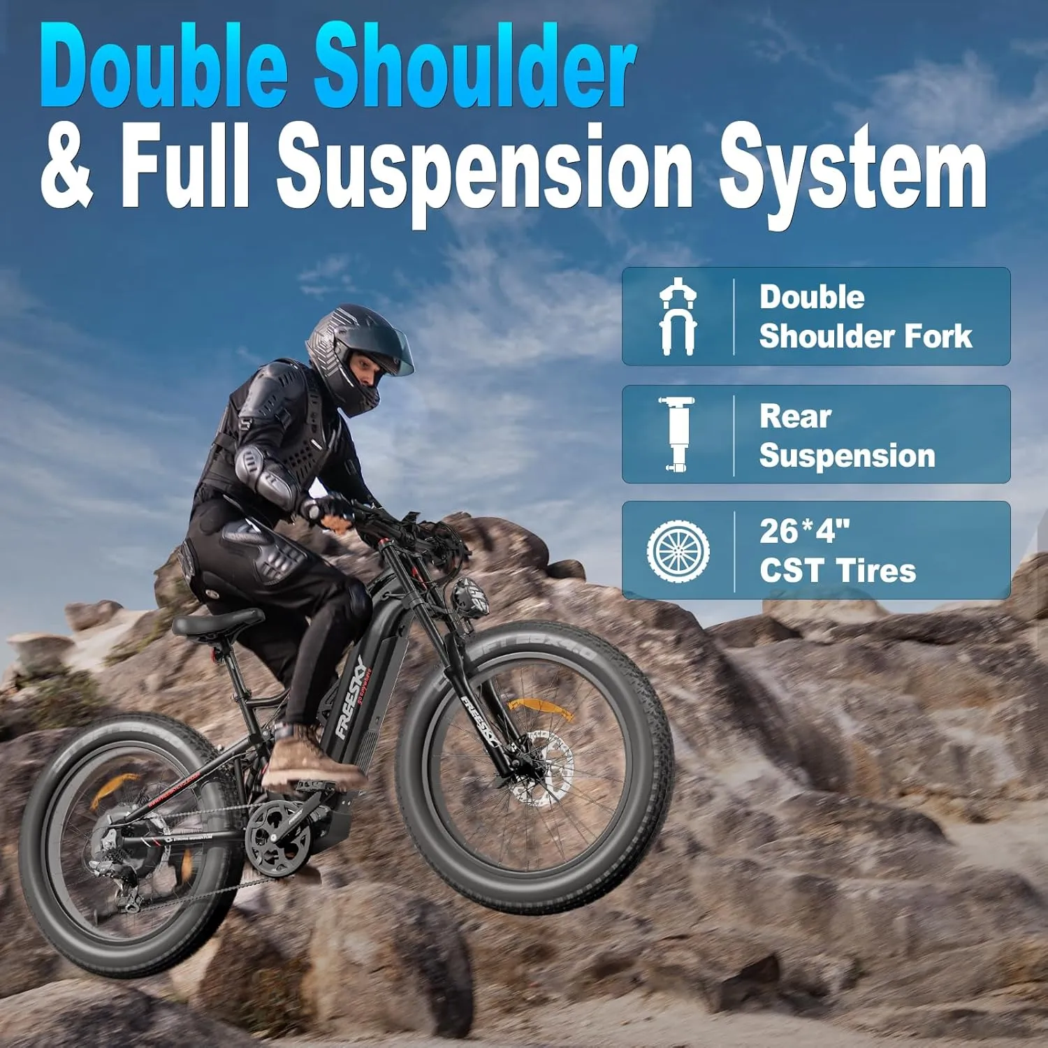 FREESKY 2000W Electric Bike with BAFANG Motor & 48V 30Ah Samsung Cells Battery, 35MPH Max Speed, 120 Miles Range, Full Suspension Mountain Ebike for Adults, 26" Fat Tires, Smart Keys, Hydraulic Brakes