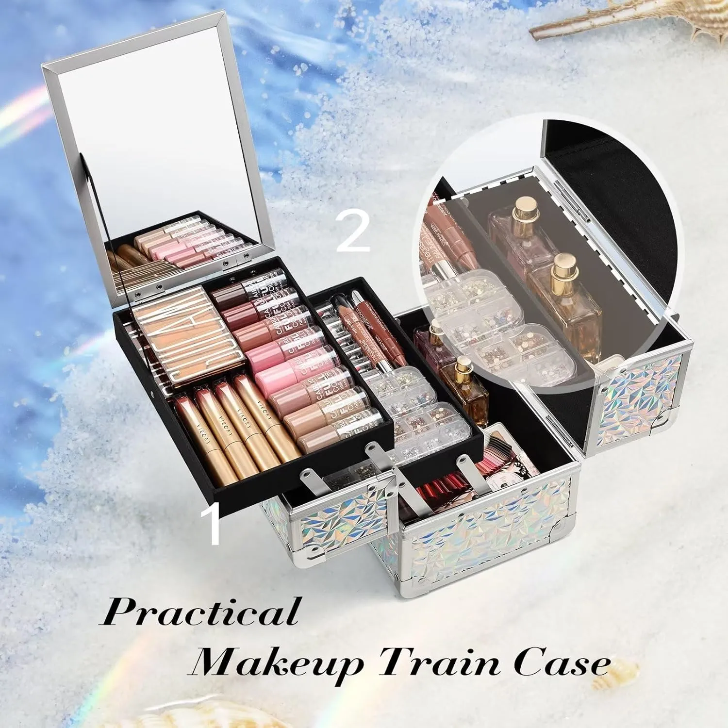 FRENESSA Makeup Train Case Cosmetic Box Organizer Portable Makeup Box with Mirror 2 Trays Lockable Make up Travel Storage Case for Cosmetics Nail Kits Sewing Tools Storage Shiny Silver
